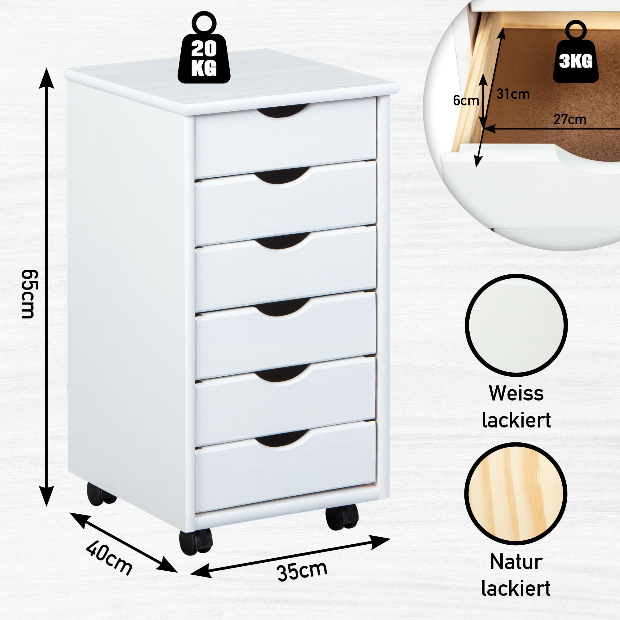 Inter Link – Caisson de bureau à roulettes – Avec tiroirs – Meuble de rangement mobile - Pin massif - 6 tiroirs – Blanc vernis