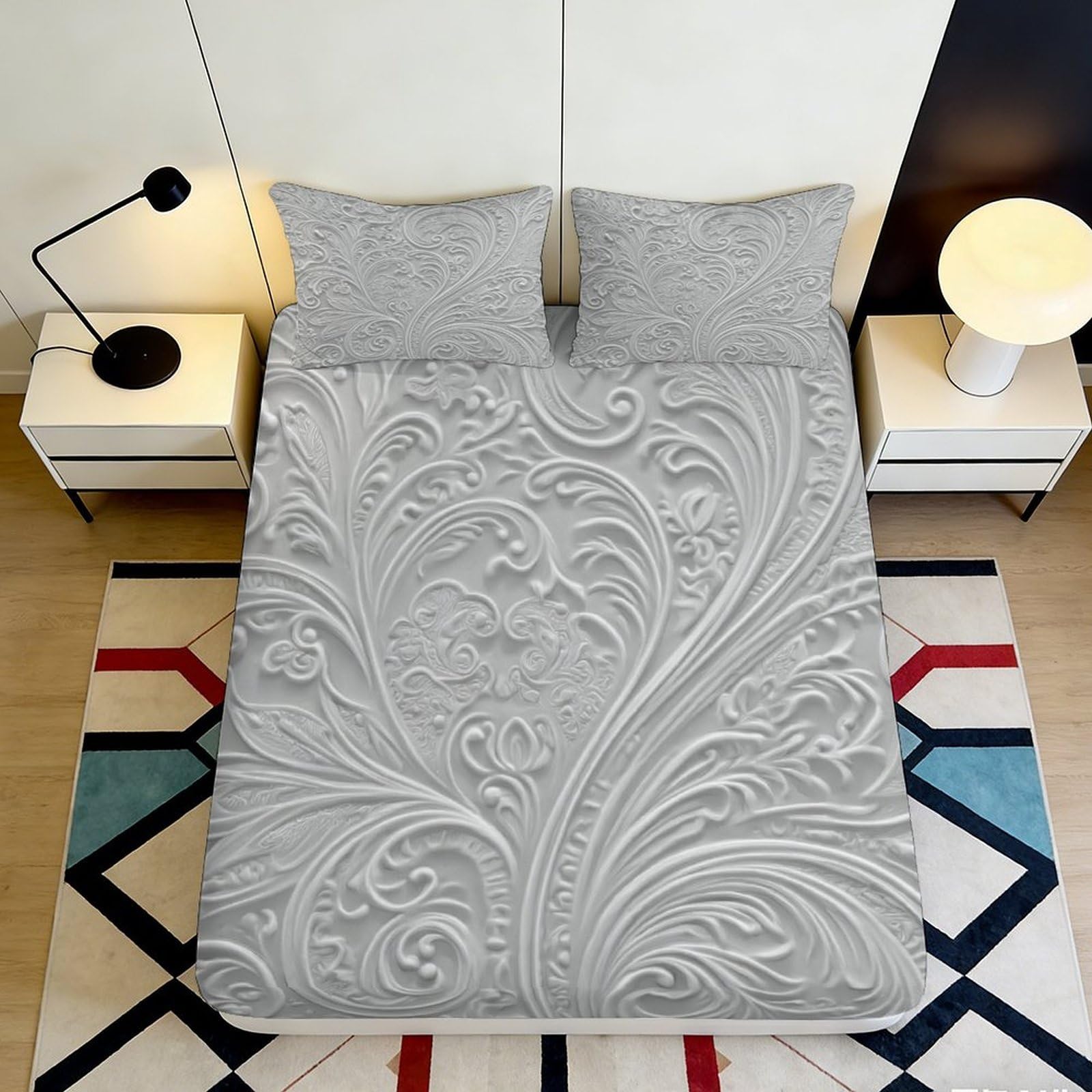 3D Printed Grey Baroque Pattern Fitted Sheet Microfiber Soft Ornate Swirl Mattress Cover for Bedroom Dorm Decor 90x200x25cm