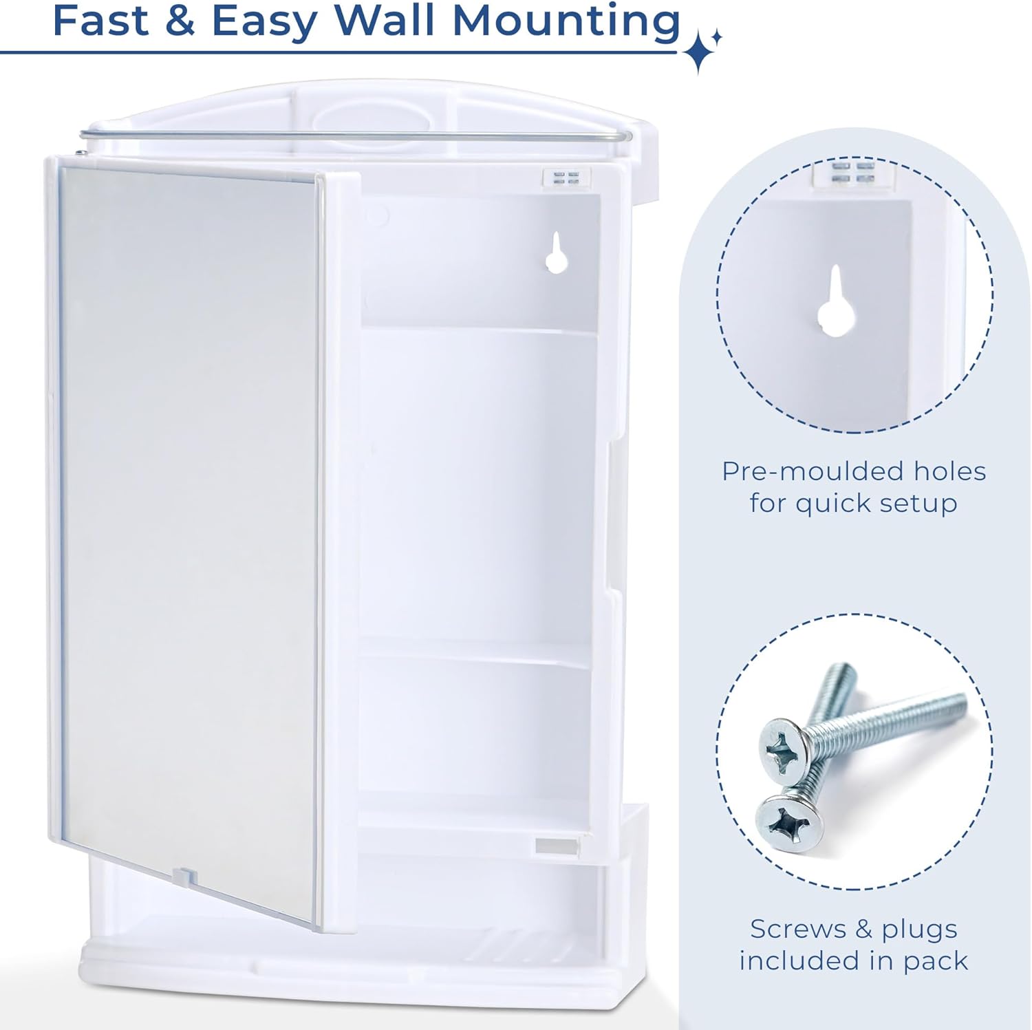 Plastic Bathroom Mirror with Cabinet Storage Organiser | Multiple Compartment Washroom Shelves Wall Mounted | Ample Drawer Capacity for Personal Care Items | White