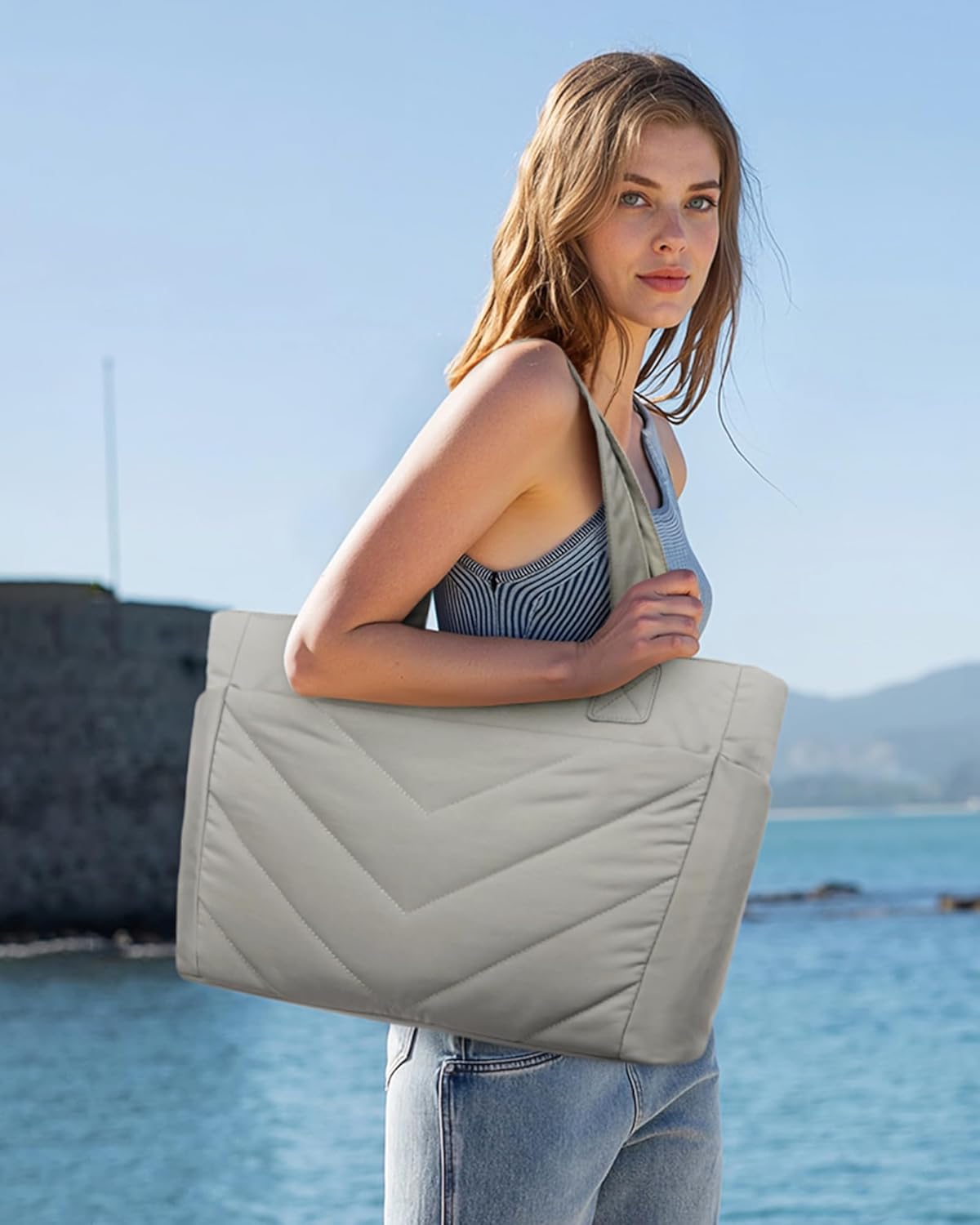 LOVEVOOK Tote Bag for Women, Puffer Work Travel Handbag with Zipper for Teacher Nurse, Quilted Cute Laptop Shoulder Gym Bag - Image 2