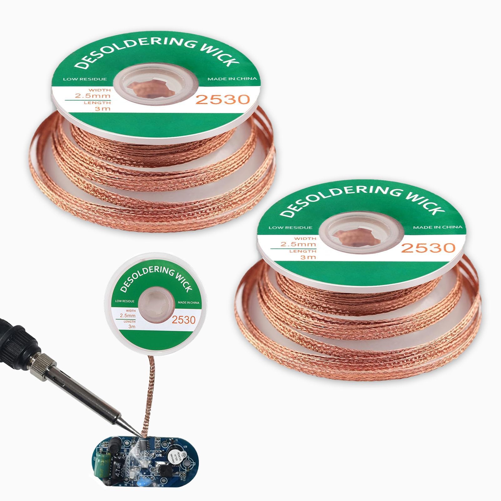 2 Pezzi Treccia Rame Dissaldante, 2 x 2.5 mm x 300 cm Filo Dissaldante a Treccia, Filo Dissaldante in Rame per Rimozione Della Saldatura Nelle Giunzioni a Saldare e Smontaggio di Componenti Elettrici