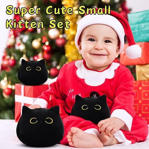 Miniatura 2 de Juguete de peluche de gato negro de 3 piezas, lindos mini gatos negros de peluche, peluche kawaii, suave almohada de gato pequeño, juguete de