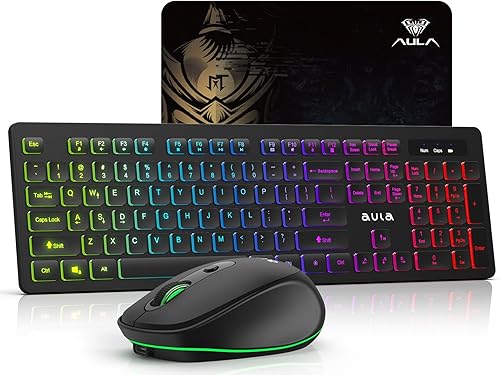 AULA Combo de teclado y mouse inalámbricos, retroiluminación RGB, recargable y silencioso de 2.4 GHz, teclado ergonómico de tamaño completo, mouse y
