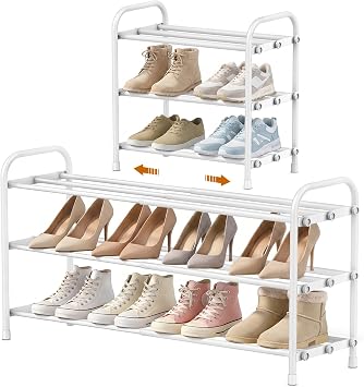INSMART 3-Tier Expandable Shoe Rack, Stackable and Adjustable Shoes Organizer Storage Shelf, Sturdy and Durable Metal Structure Free Standing Shoe Rack for Closet Entryway Doorway, White