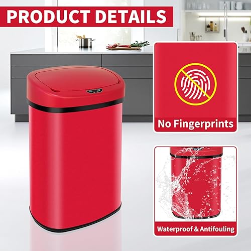 Miniatura 5 de BLKMTY Bote de basura de acero inoxidable de 13 galones con tapa, rojo, 50L