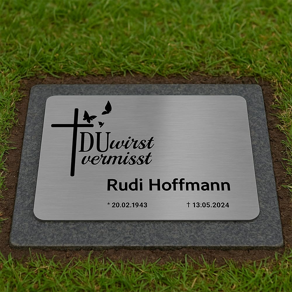Jung Edelstahl Design Edelstahl Gedenktafel – Wetterfeste Grabtafel mit individueller Gravur – Personalisierte Gedenktafel für Friedhof und Gärten – V2A Edelstahl – Verschiedene Designs & Größen