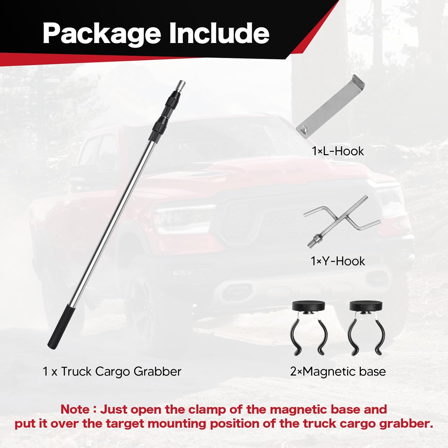 6.3 Ft Adjustable Truck Cargo Grabber Pickup Truck Bed with Magnetic Holder, Telescoping Reach Truck Bed Retriever Tool with Two Hooks, Bed Buddy Truck Tool Automotive Accessories