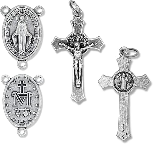 Miniatura 8 de Caritas et Fides Kit de rosario italiano para 5 rosarios  Cruz y centro de rosario católico con crucifijo de San Benito de 1.5 pulgadas y medalla