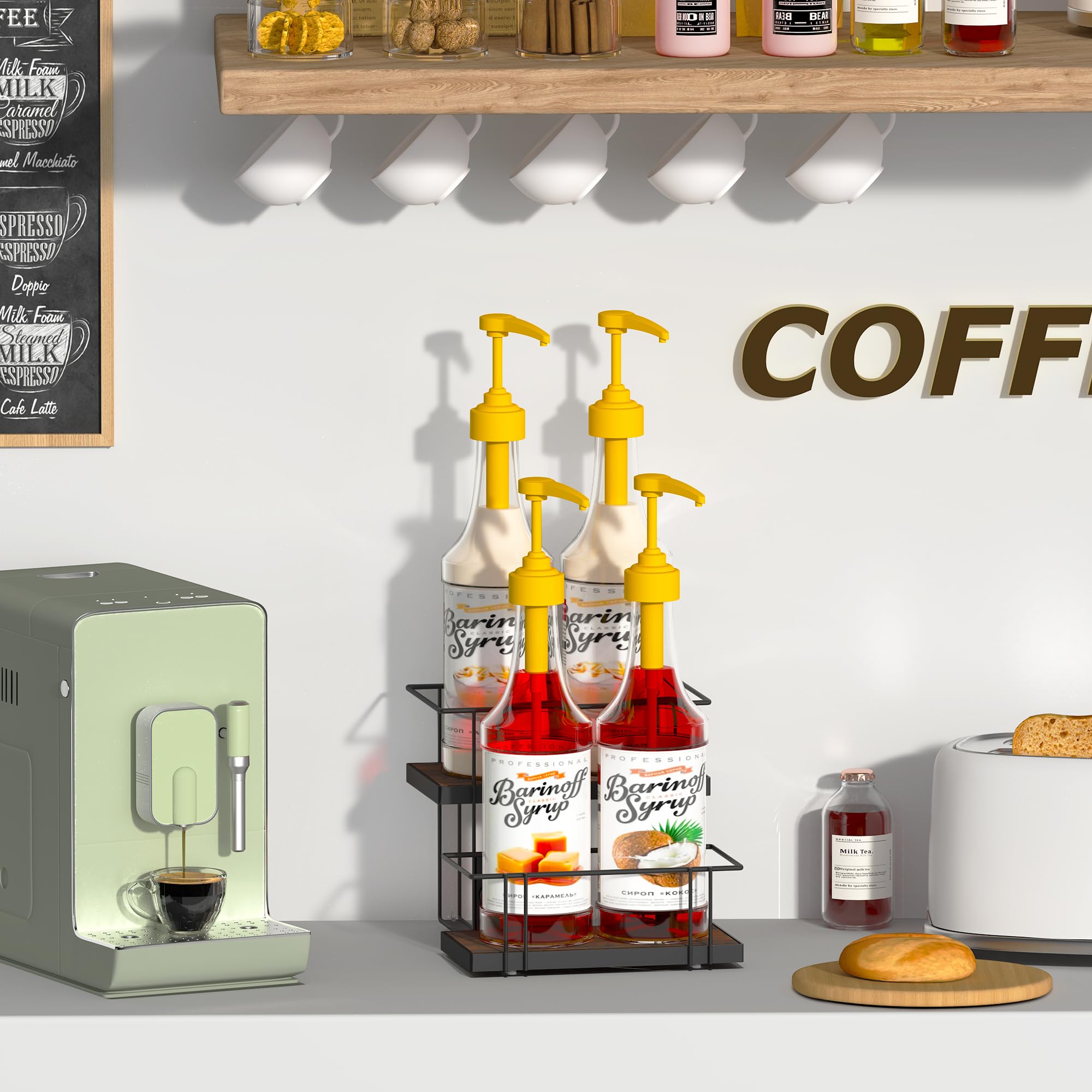 Alyoen Kaffeesirup-Organizer, 4 Flaschen, Sirup-Halter für Kaffeebar, kleines Kaffee-Bar-Organizer, Regal, Kaffeestation-Organizer für Arbeitsplatte, Wein, Likör