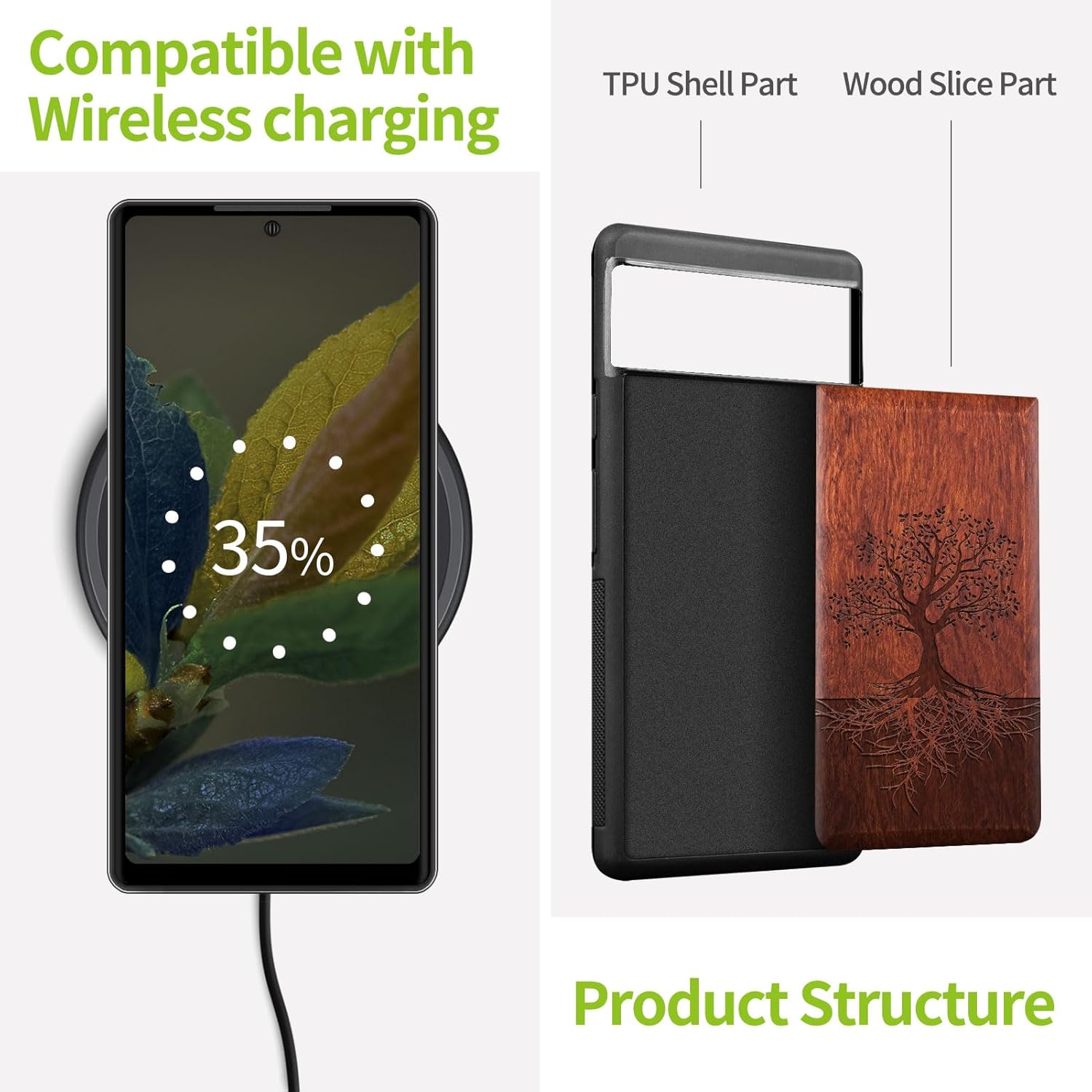 Carveit Wood Case for Pixel 8a Case [Natural Wood & Black Soft TPU] Shockproof Protective Unique Wooden Cover Compatible with Google Pixel 8a (Tree with Roots-Rosy)