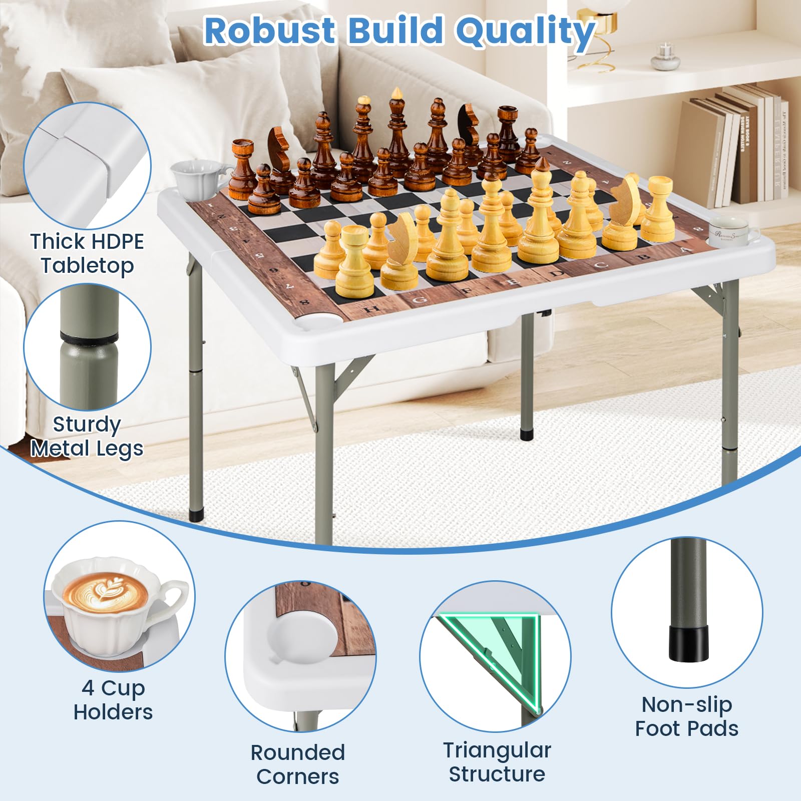GOPLUS Mesa de Ajedrez Plegable, Tablero de Ajedrez con Asa Integrada y Mantel Resistente, Mesa de Juegos Compacta y Portátil, Mueble de Jugar para Diversión en Interiores y Exteriores