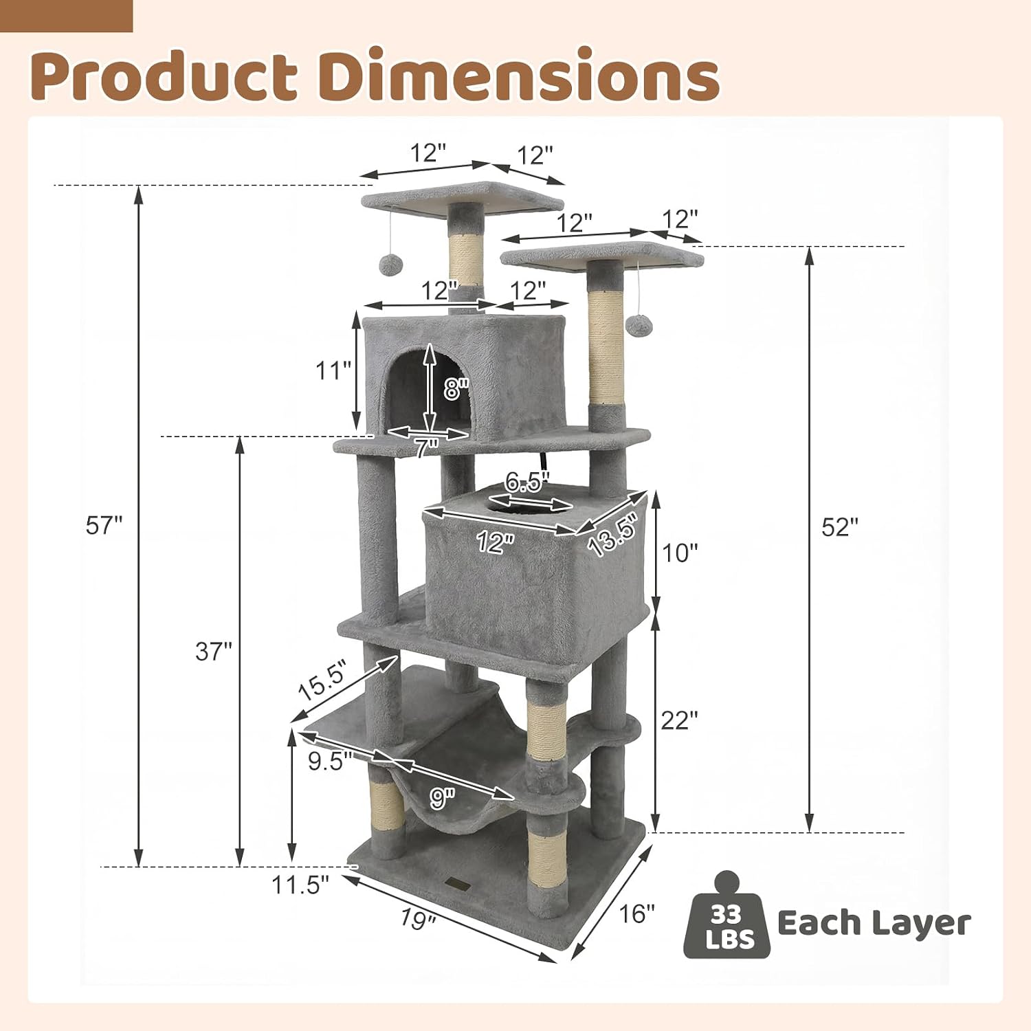 DORTALA 57" Tall Cat Tree, Multi-Level Cat Tower with 2 Large Condos, Sisal Scratching Posts, Top Perch, Hammock, Pet Play House Climbing Furniture for Indoor Adult Cats & Kittens (Light Grey)