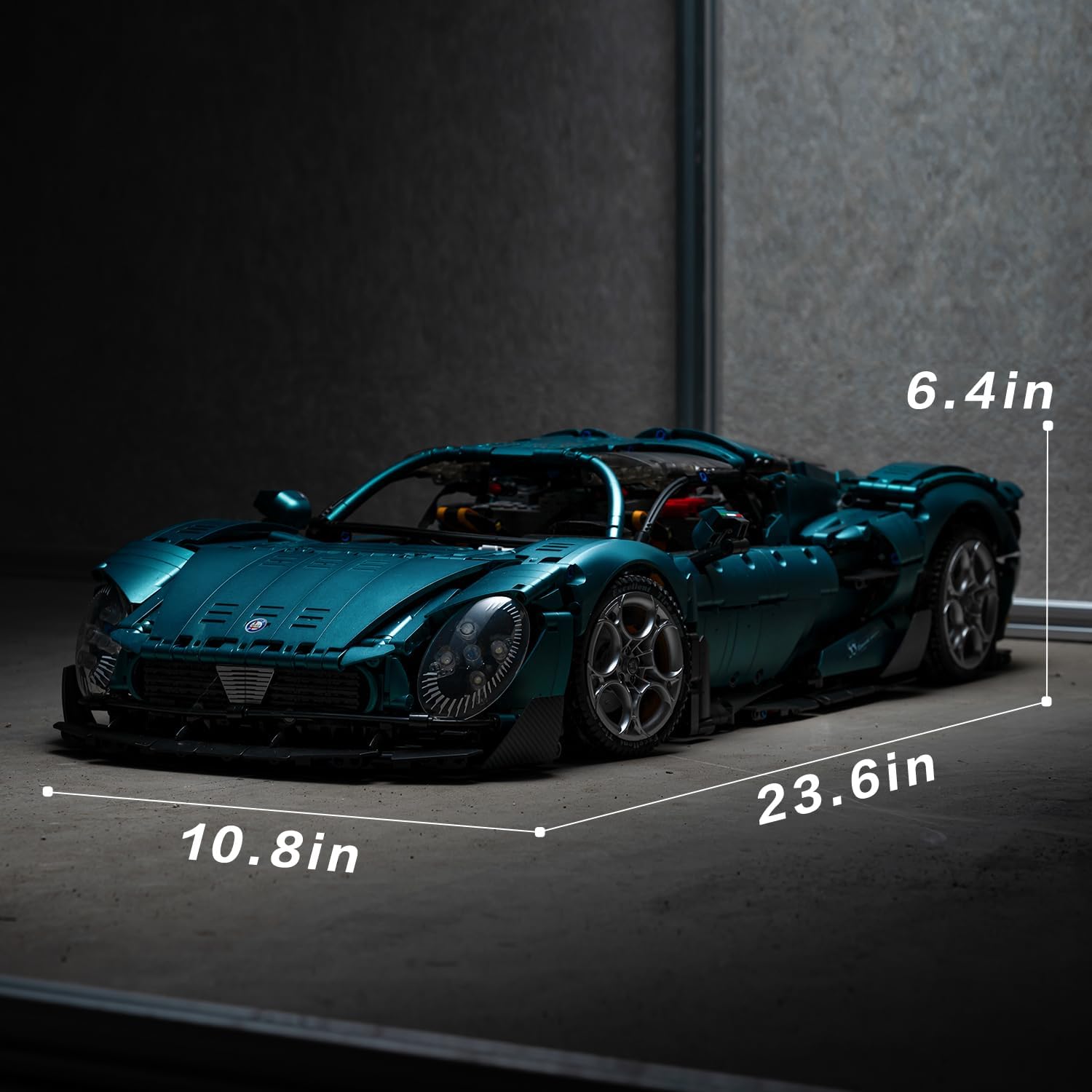 Side view of the Raceforge Sports Car with dimensions overlaid, indicating its length, width, and height.