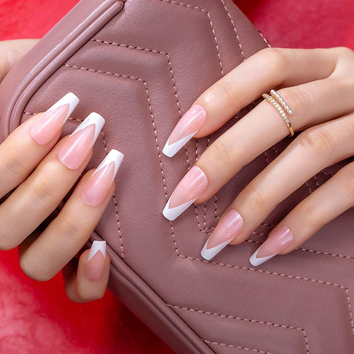 Buy Press On Nails Coffin French Tips Medium False Glossy Acrylic Ballerina Manicure 24pcs Home Diy Full Cover Fingernails Artificial For Women Girls Stick On Pink White Online In Tunisia B08jyhmz39
