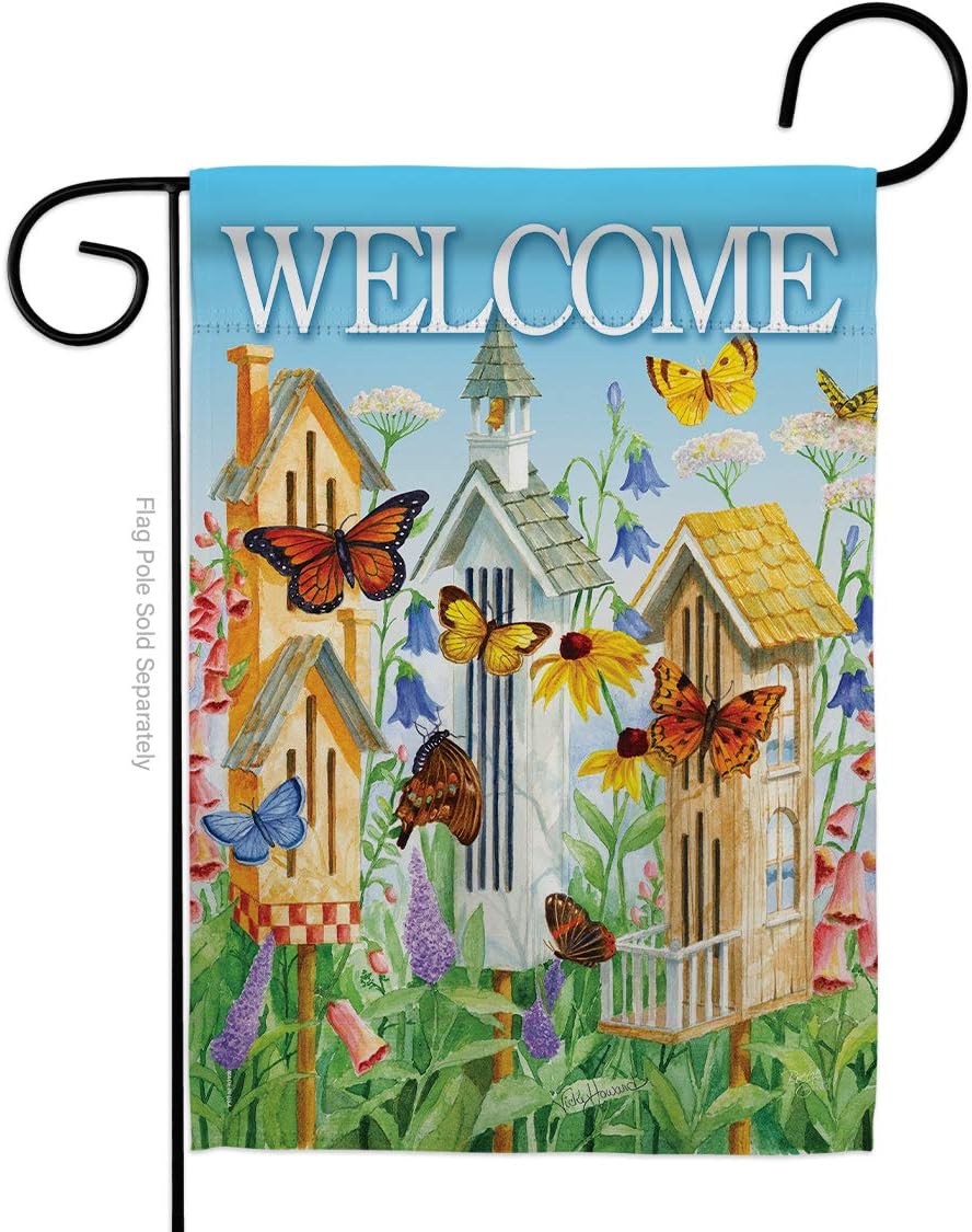 Welcome Butterfly Houses Burlap Garden Flag Friends Ladybugs Dragonfly Bee Springtime Insect Natural Wildlife Small Decorative Gift Yard House Banner Double-Sided Made In USA 13 X 18.5