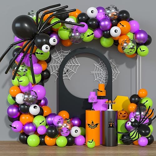 Arco de globos de Halloween, negro, morado, verde, naranja, ojo, globos largos de látex, confeti, globo, murciélago, calcomanía, kit de guirnalda de