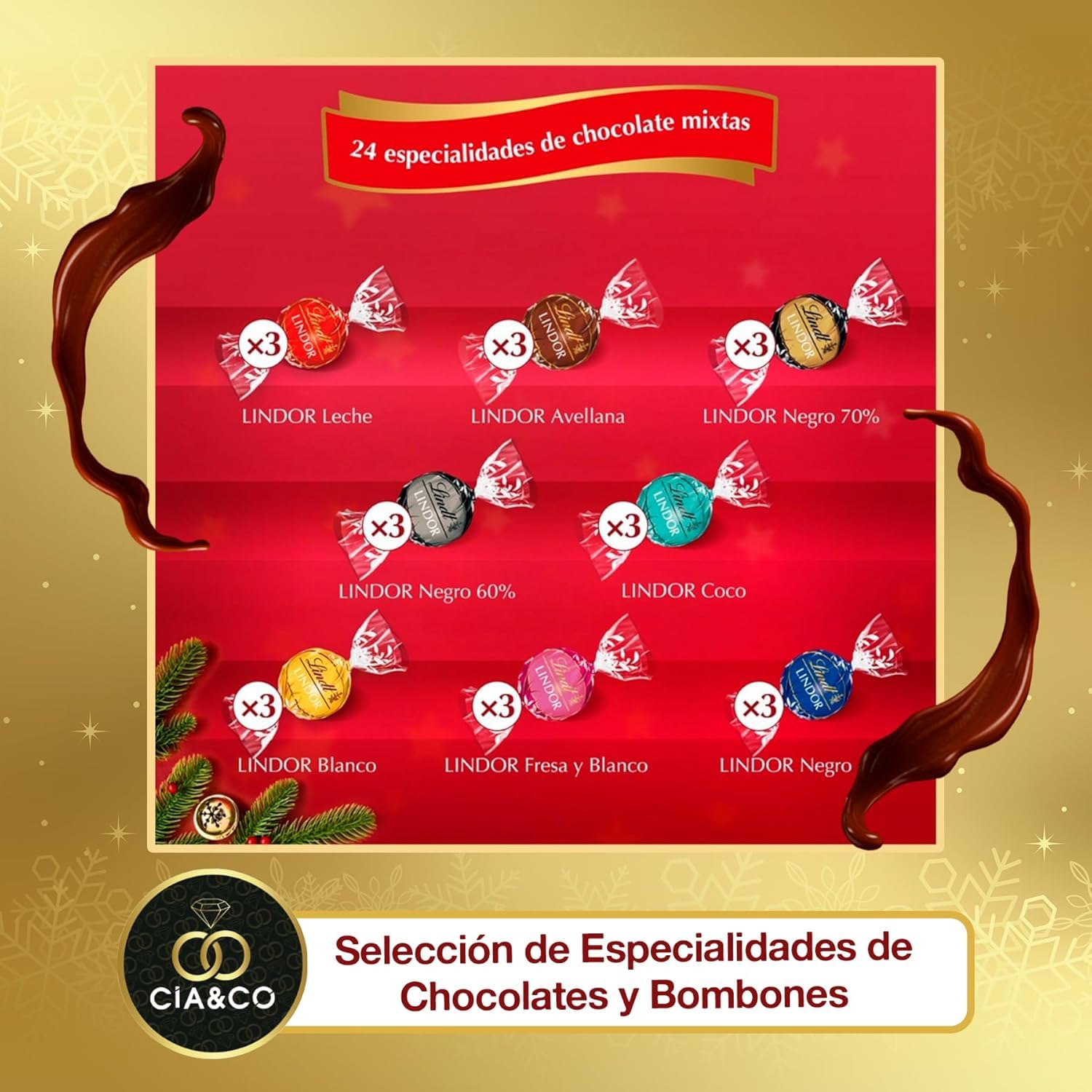 Lindt LINDOR Calendario de Adviento 2025 300 g 24 Bombones Chocolate Suizo Tarjeta Personalizable