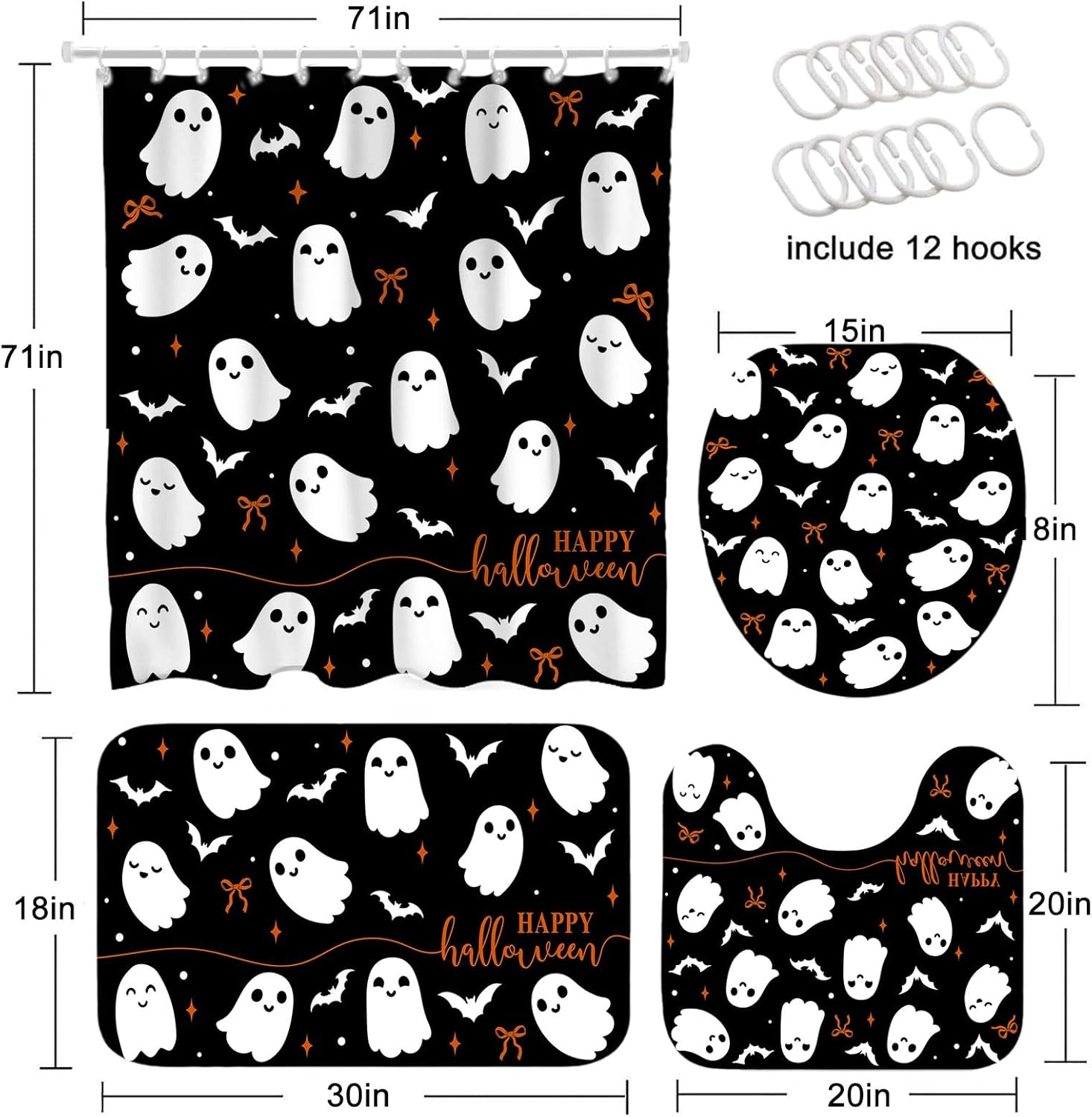 4Pcs Halloween Shower Curtain Set Black Spooky Bow Ghost Shower Curtain Set for Halloween Bathroom Decor with Anti-Slip Waterproof Bathtub Bathroom Rugs Toilet Lid Cover