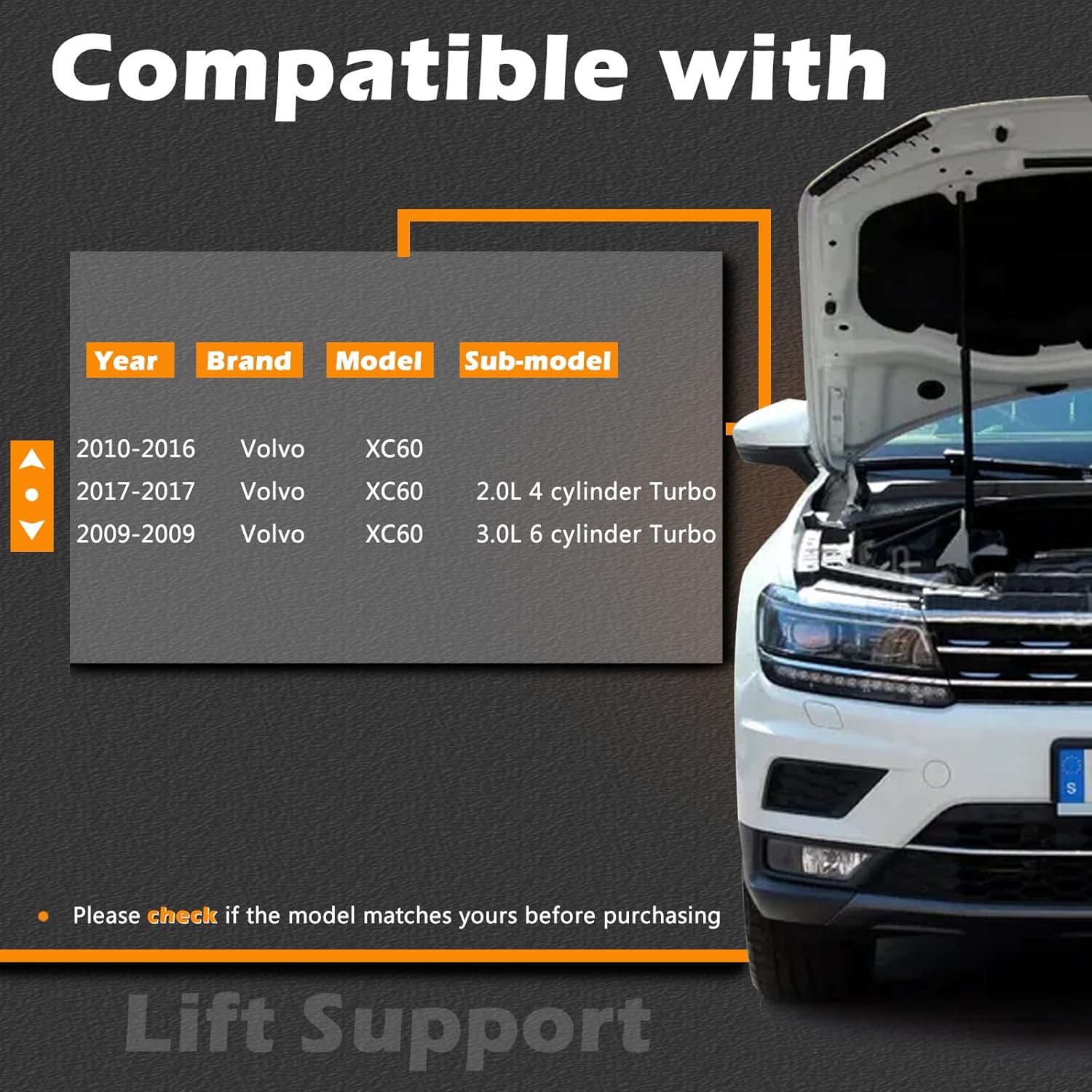 22.22 in 2Pcs Liftgate Lift Support Tailgate Hatch Struts Gas Spring Shocks Rod Compatible with Volvo XC60 2010-2017 Replaces # 31365719 31335392 (Note : w/o Power Liftgate)