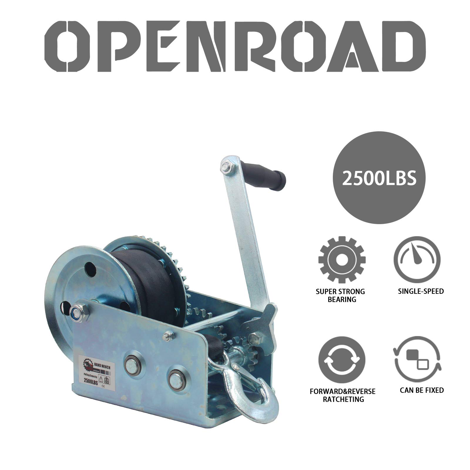 OPENROAD 2500lbs Hand Winch Boat Winch, Hand Crank Winch with 10m (32ft