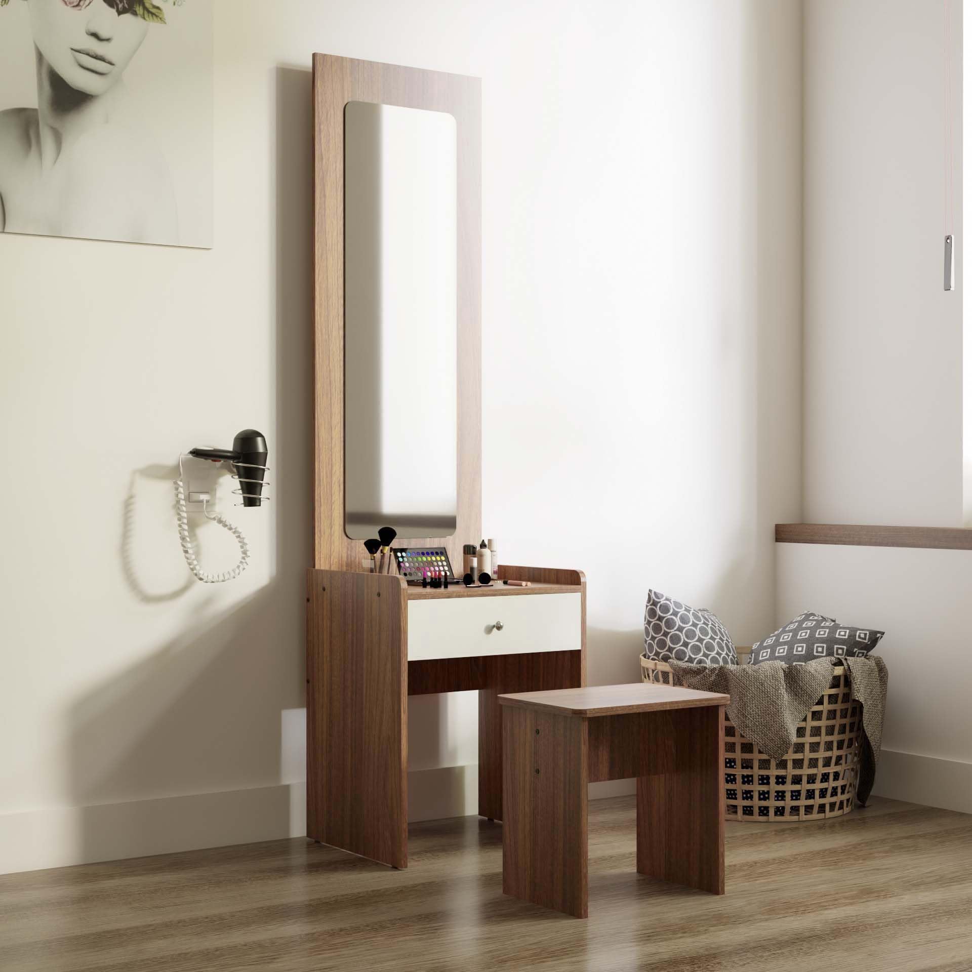 neuspace Luxo Modern Dressing Table with Full Length Mirror, 175 cm Height, White Drawer, Wooden Stool, Leon Teak-image-28