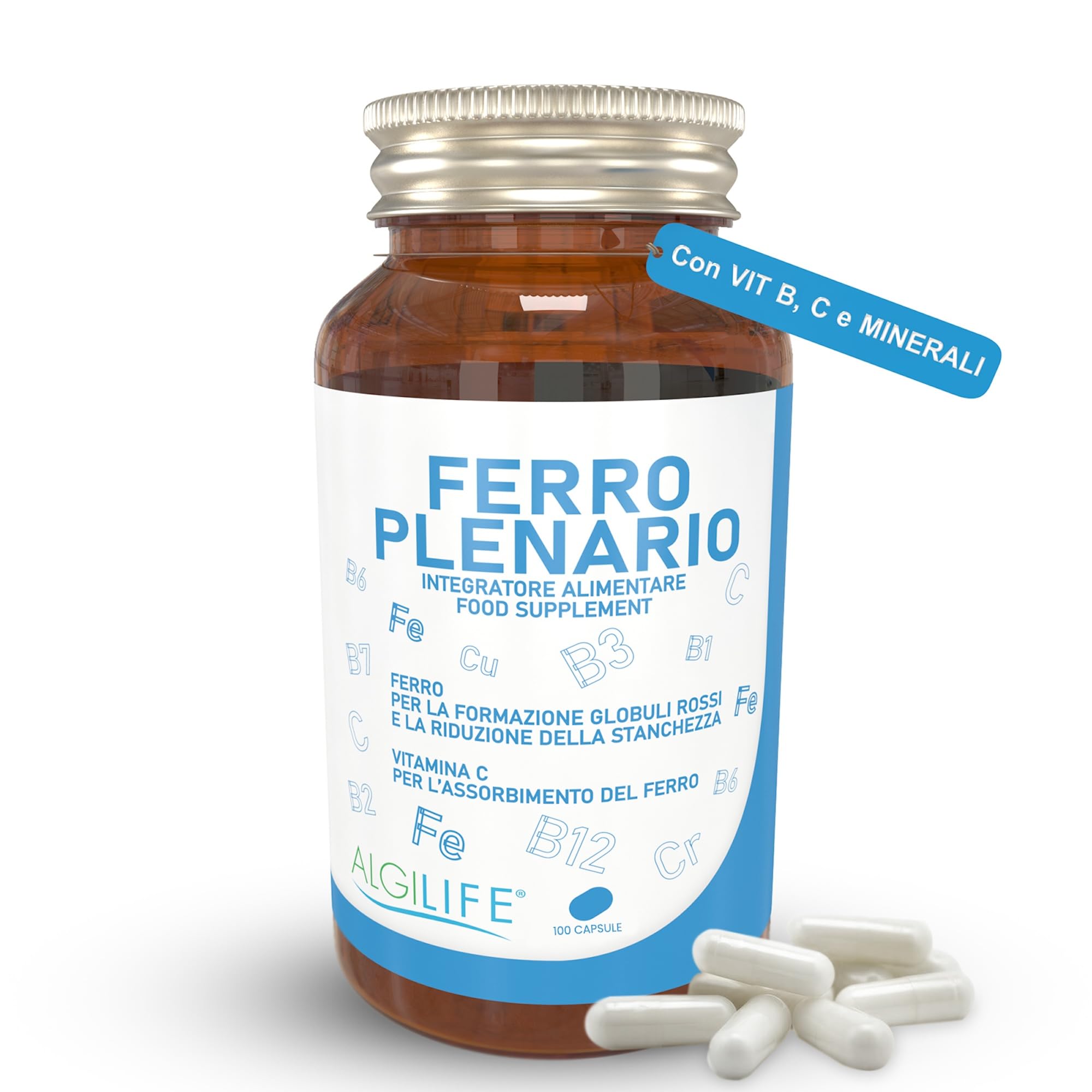 Integratore Ferro Forte con Vitamina C, Vitamina B, Minerali, Rame, Cromo (100 Capsule) ALGILIFE Ferro Plenario - Integratore Pressione Bassa, Globuli Rossi, Stanchezza e Spossatezza