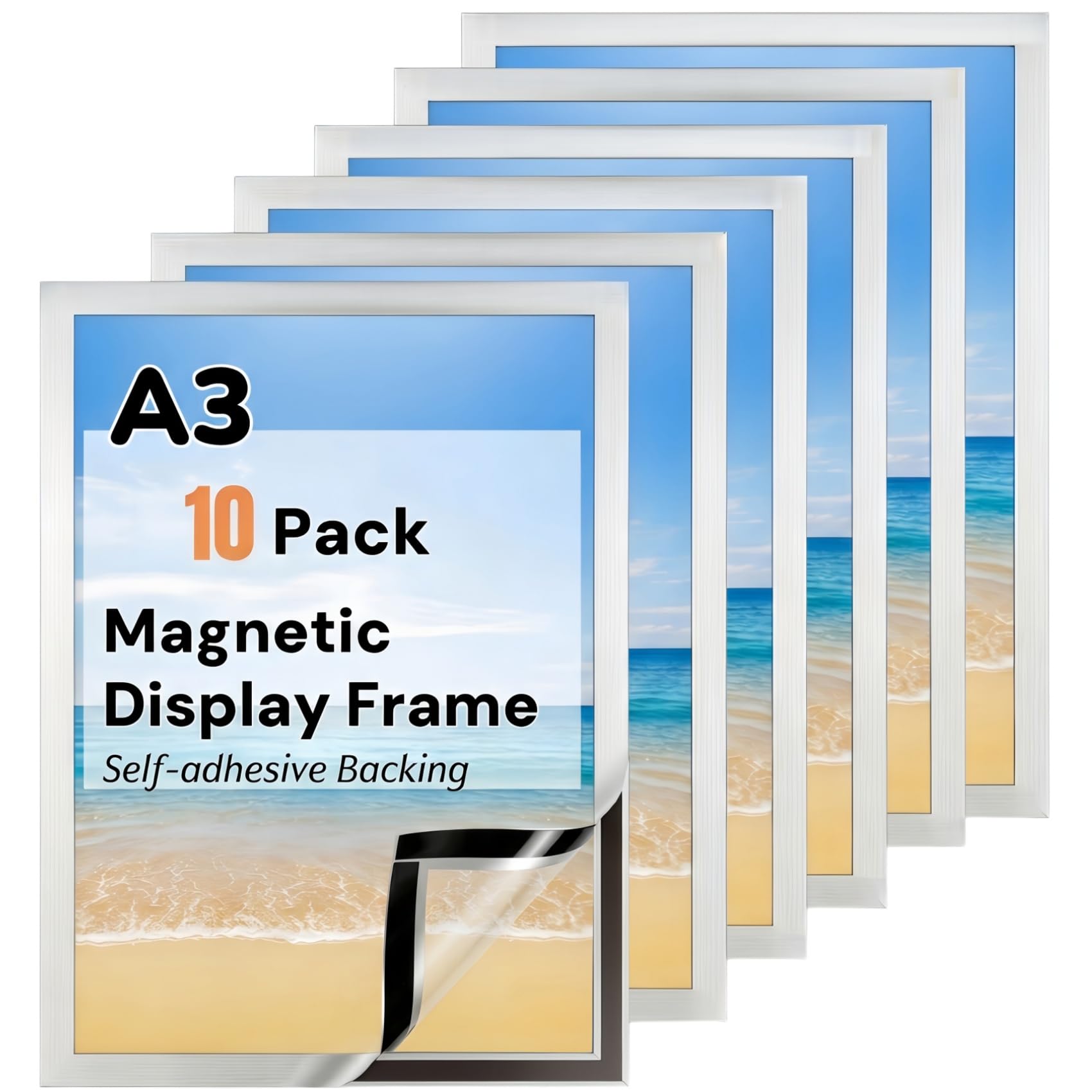 CHDEXU Magnetic Sign Holder A3, 10 Pack Self Adhesive Magnetic Picture Frame, Magnetic Photo Frames for Wall Window Sign Holder, Silver Display Frames for Home Office School