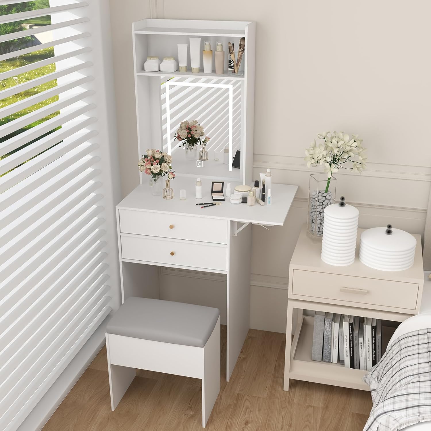 White Compact Vanity Desk Set with Adjustable Mirror and Storage Bench