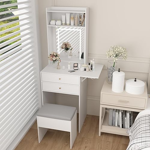 Miniatura 4 de ARTETHYS Juego de escritorio pequeño con 3 espejos iluminados ajustables y silla de almacenamiento, mini tocadores de maquillaje para espacio