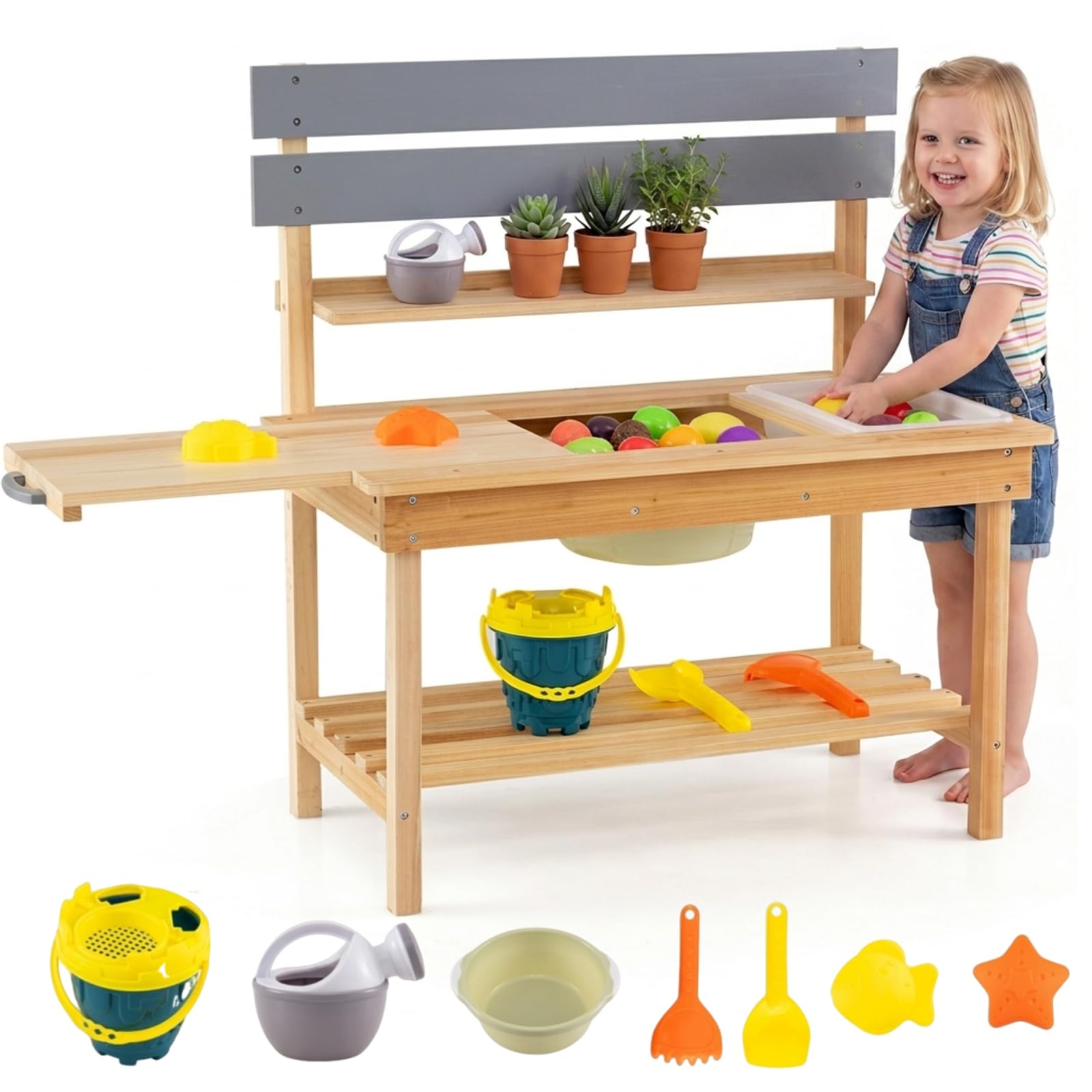 Maxmass Kids Mud Kitchen, Outdoor Toddler Toy Kitchen with Sink, Basin, Watering Can, 2 Molds, Garden Potting Bench Backyard Children Role Play Kitchen Pretend Toy for 3+ Boys Girls