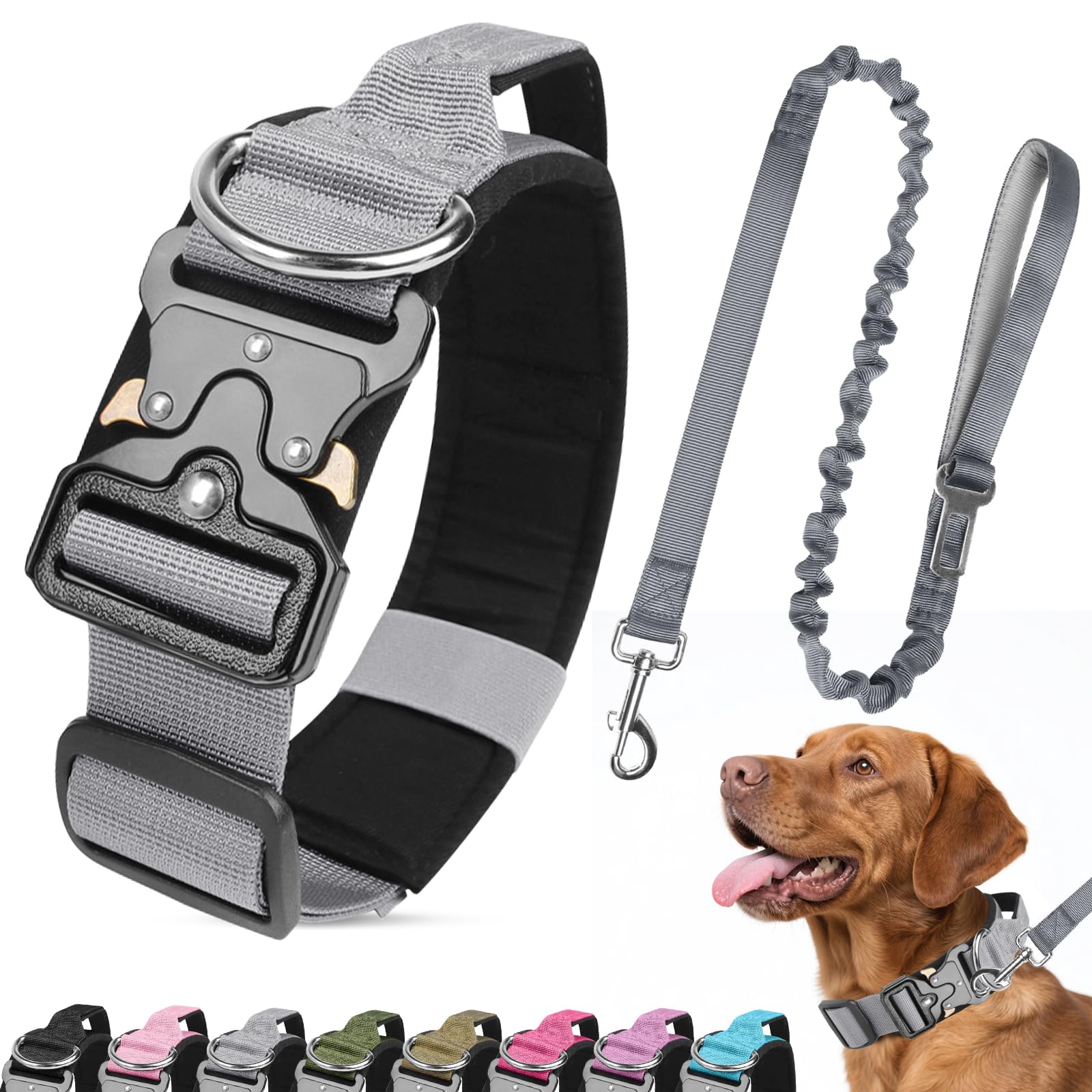 Ledeak Hundehalsband und Leine, Taktisches Hundehalsband mit Kontrollgriff und Metallschnalle, Hunde Halsband Gepolstert, Breit Verstellbare Halsband für Hunde Training Freizeit Outdoor (Grau, M)
