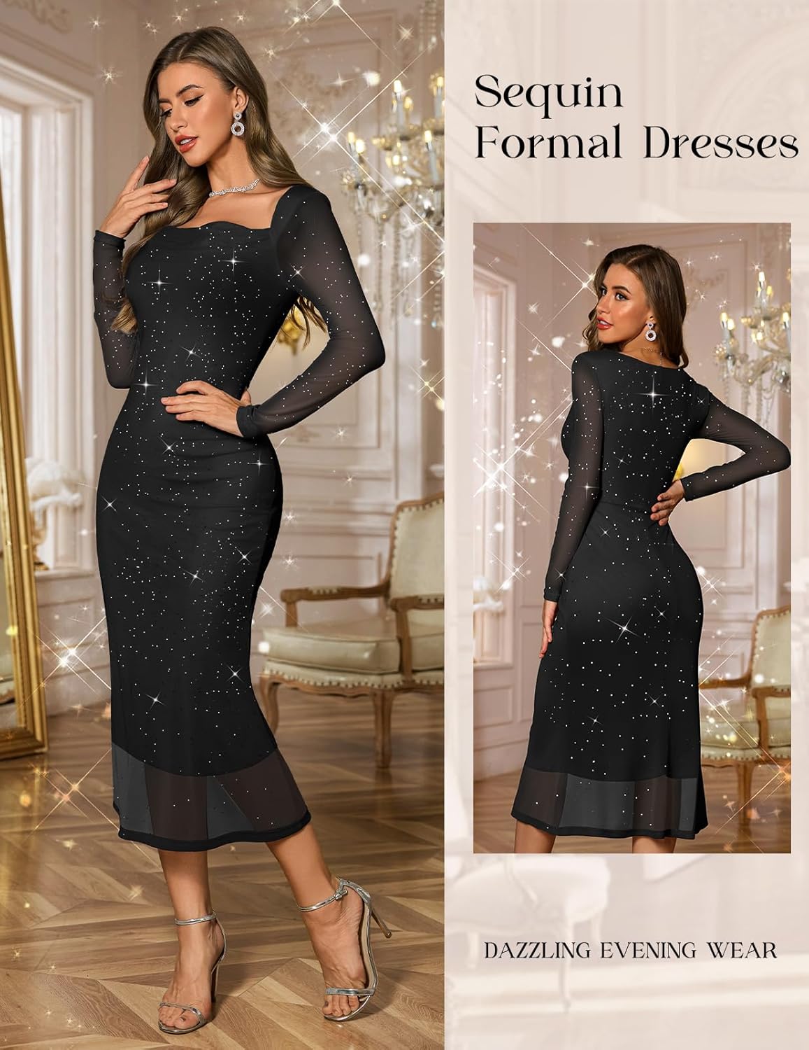 DRESSTELLS Women's Formal Wedding Guest Cocktail Party Sequin Sparkly Mesh Long Bodycon Dress - Image 3