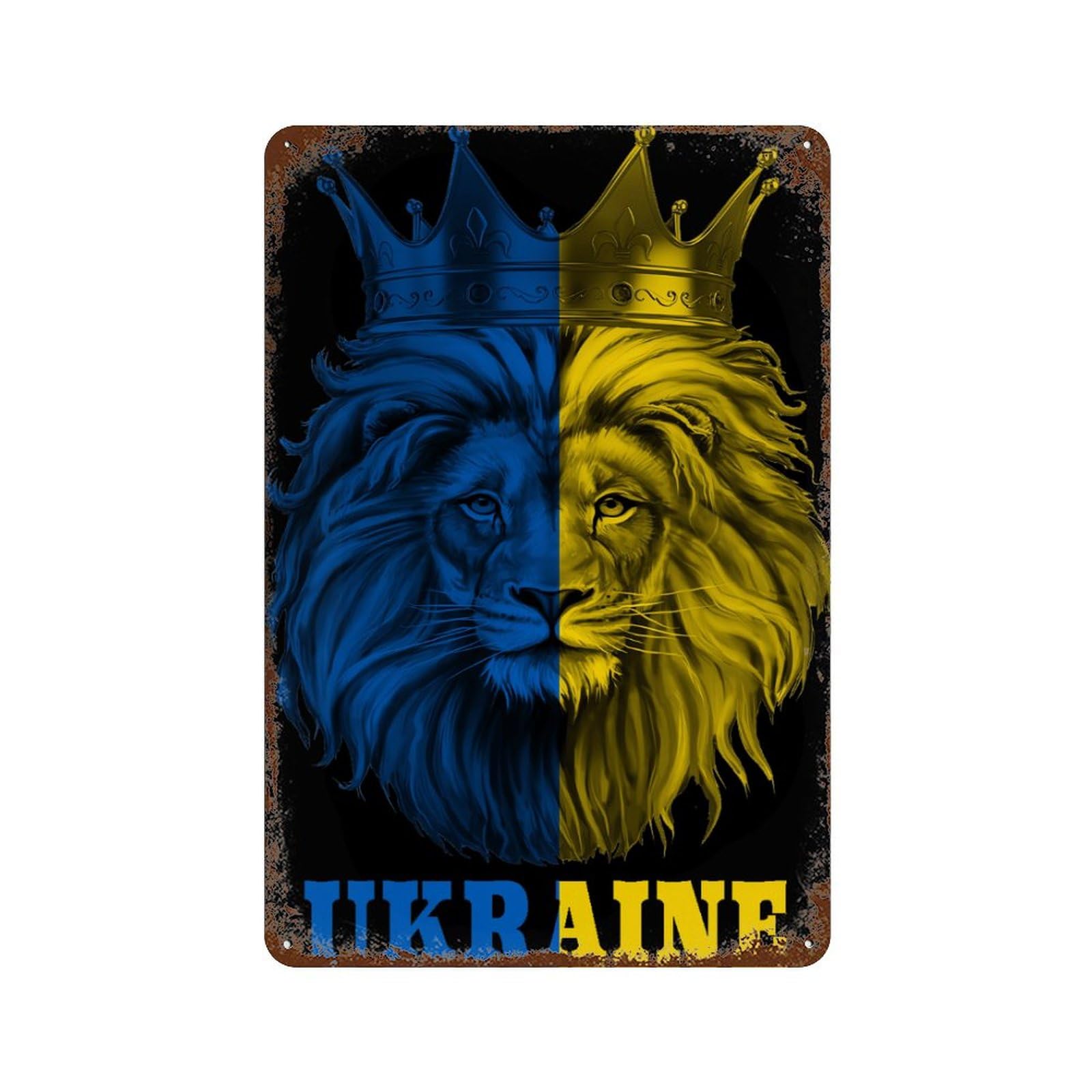 KWQDOZF King Lion Ukraine Flag Theme Metal Tin Sign,Vintage Iron Hanging Plate Vertical with Rust Poster Wall Decor 8x12inch