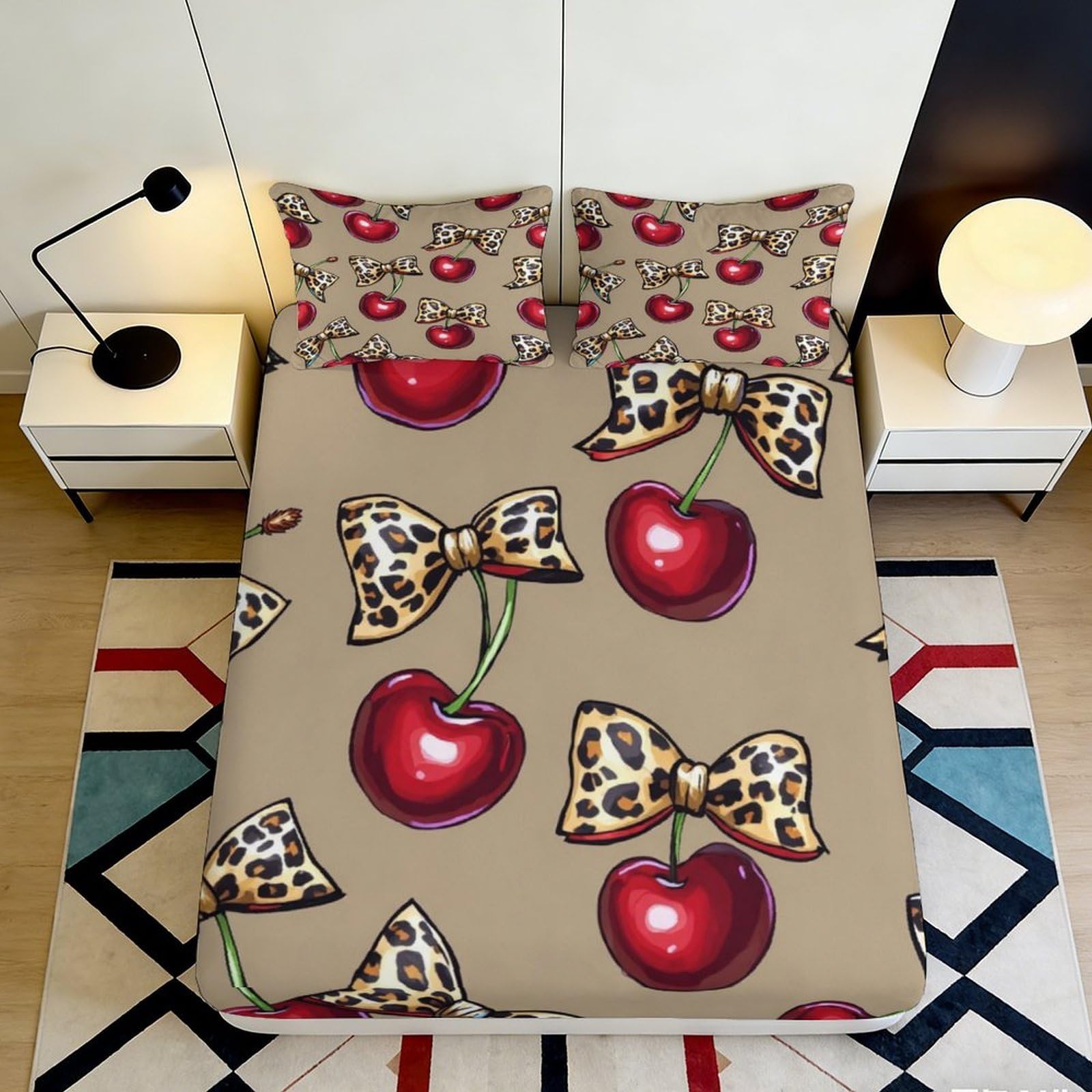 3D Printed Cherry Leopard Bow Fitted Sheet Microfiber Bedroom Decor Bed Cover for Home Dorm Mattress Protection 90x200x25cm