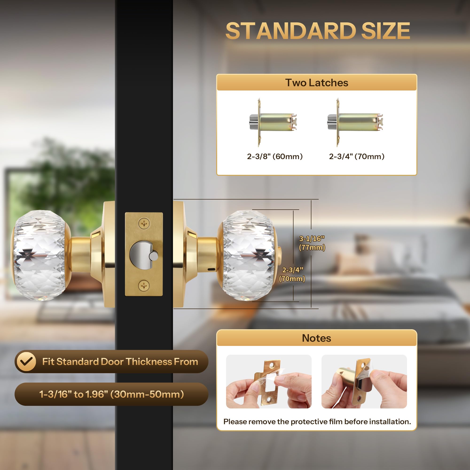 Crystal Door Knobs with Lock - Elegant Gold Design -6