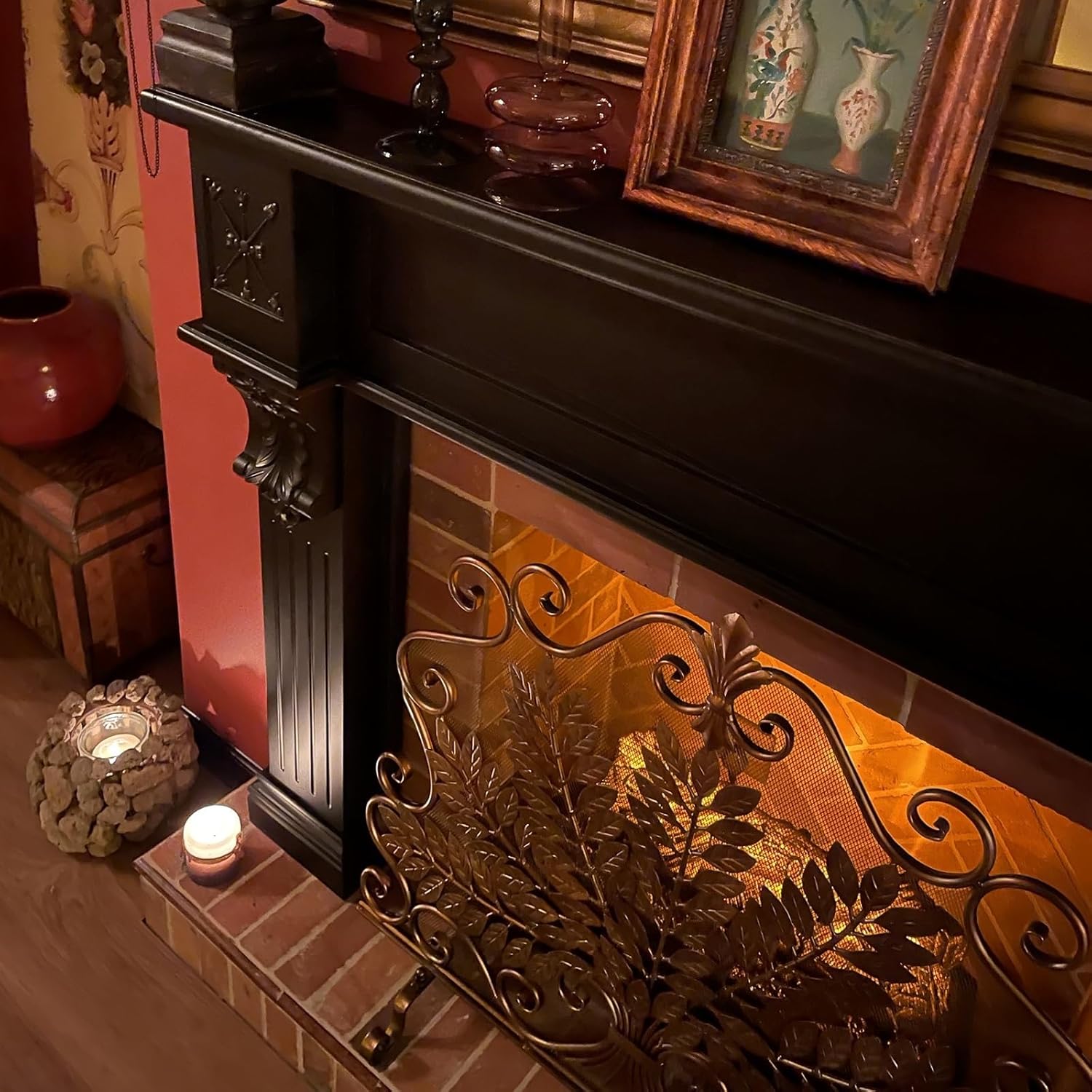 Wrought Iron Single Panel Fireplace Screen, 85cm x 85cm, Stand Alone Spark Guard with Leaf Pattern, Durable Stove Curtain for Safety and Style