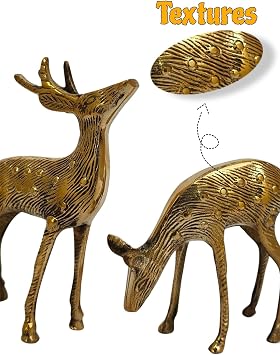 Artisan Brass Christmas Resin Reindeer Figurines Small Gold Deers 2pcs Decorative Statues Resting Lucky Deer Sculptures for Indoor Home Decor Tabletop Mantle Cabinet Desktop Office