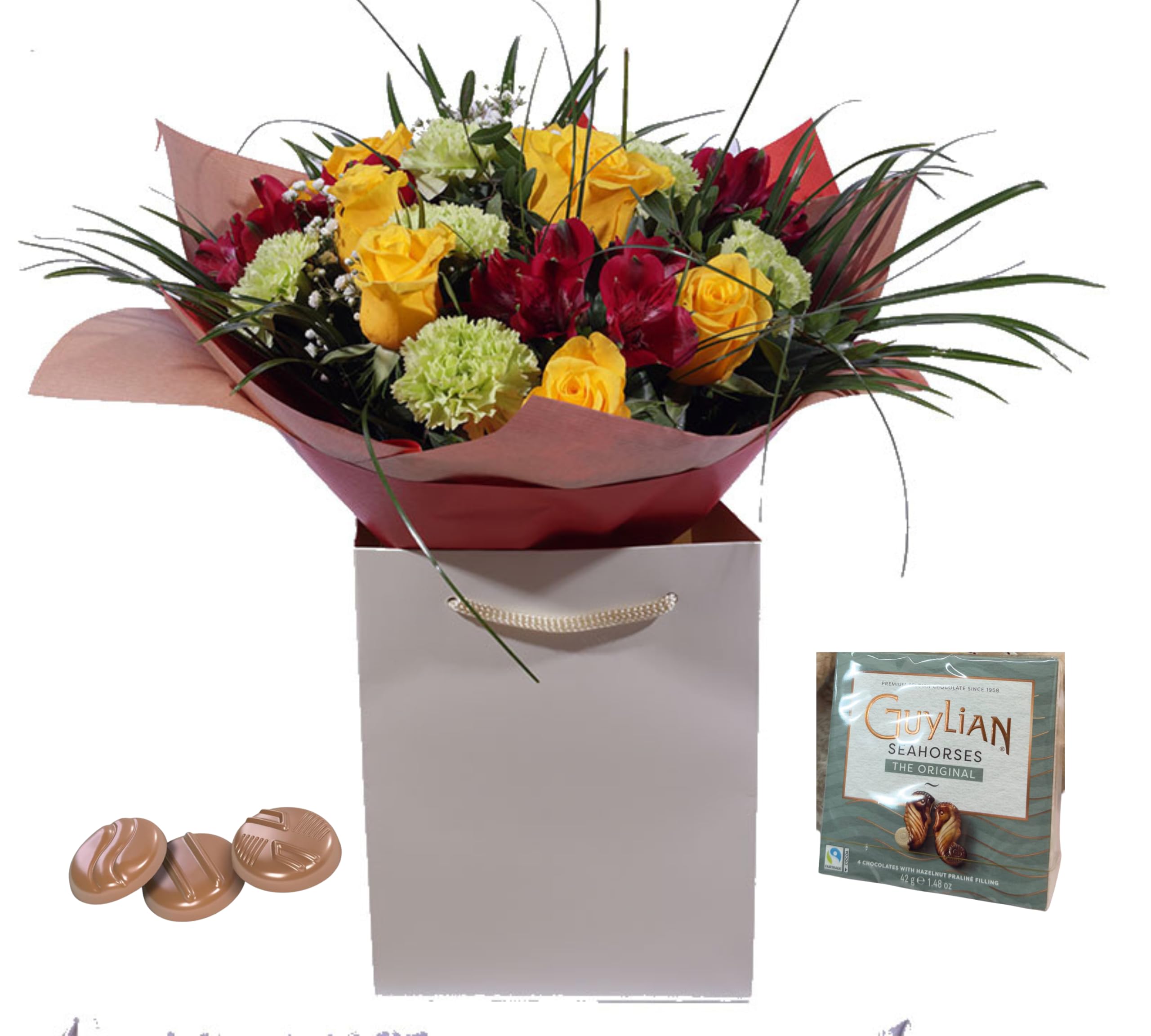 Golden Garnet Yellow Rose Bouquet with Green Carnations Seasonal Gift Bag and Chocolates