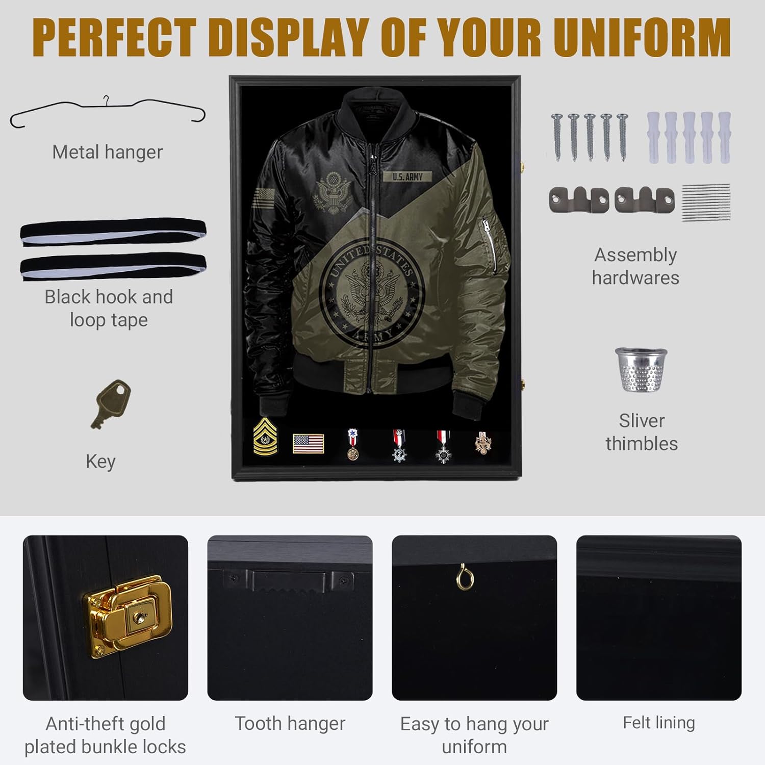 Military Uniform Shadow Box, Police Uniform Display Frame, Clear Acrylic Surface Shadow Box with Hanger and Lock for Military Uniforms, Jerseys, Hanging Badges and Medals Flag （35.82x25.59x2）