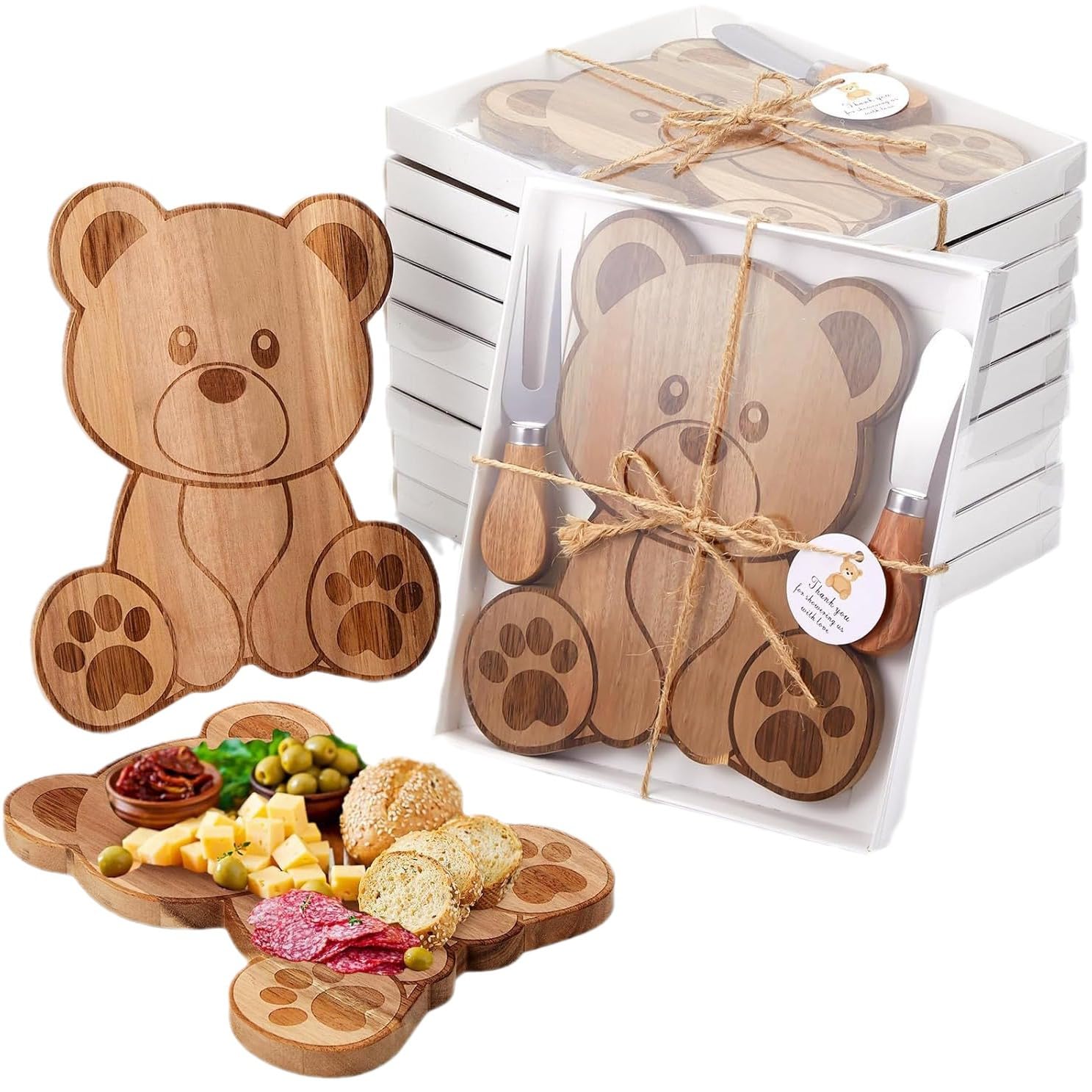 Juego de tabla de queso de madera de acacia con cuchillo de queso y tenedor, tabla de madera para queso, salchichas, frutas y aperitivos, set de regalo para brunch, picnic y celebraciones