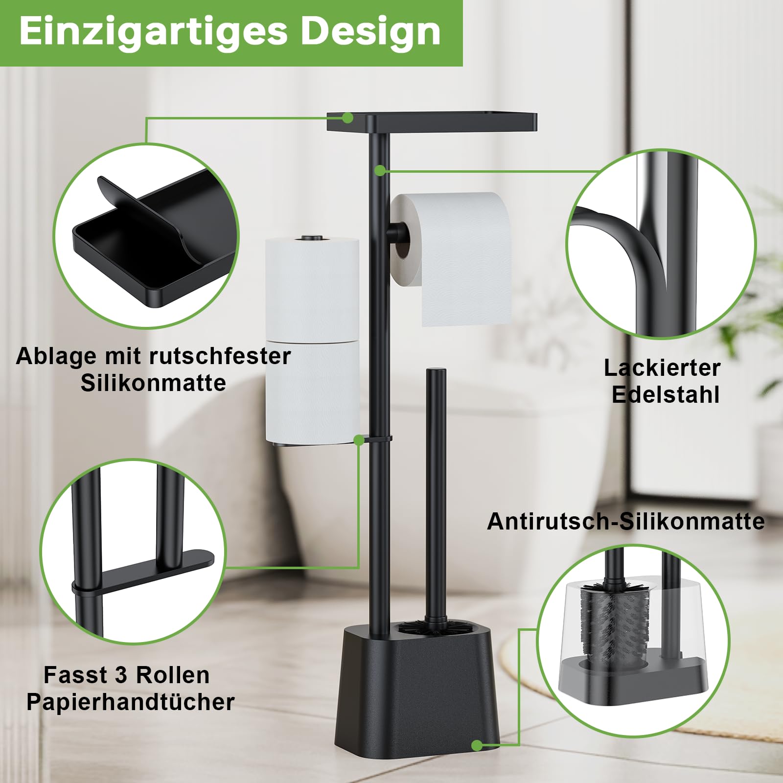 Porte Papier Toilette Avec Brosse WC Autonome - En Acier Inoxydable Noir, Pas De Perçage, 3 En 1 Porte Rouleau Inox Sans Perçage Porte Papier Toilette Avec Brosse WC Autonome - En Acier Inoxydable Noir, Pas De Perçage, 3 En 1 Porte Rouleau Inox Sans Perçage