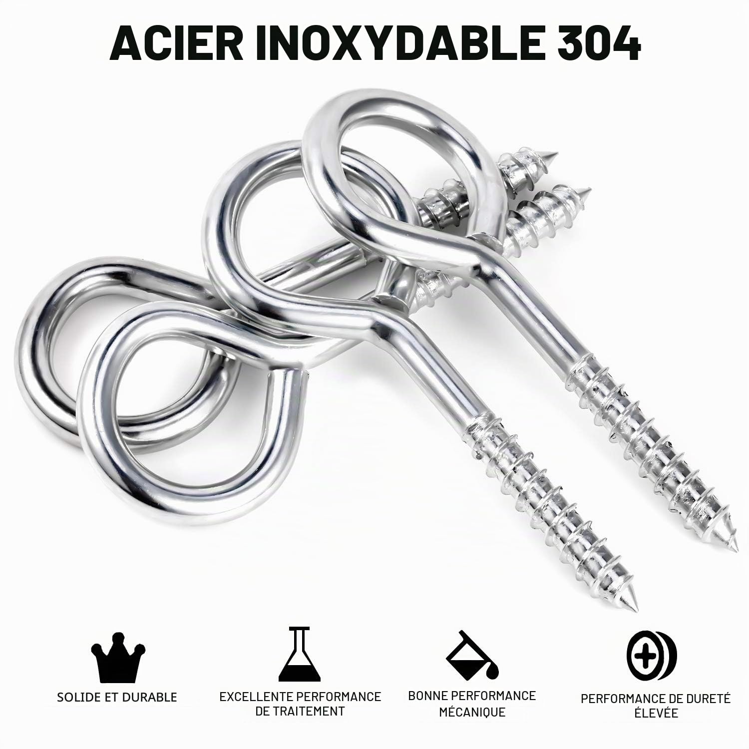 Lot de 4 boulons à œillet à visser de 12,7 cm – Vis à œillet en acier inoxydable pour bois, grands crochets antirouille pour attaches, levage et fixation des câbles – Facile à installer