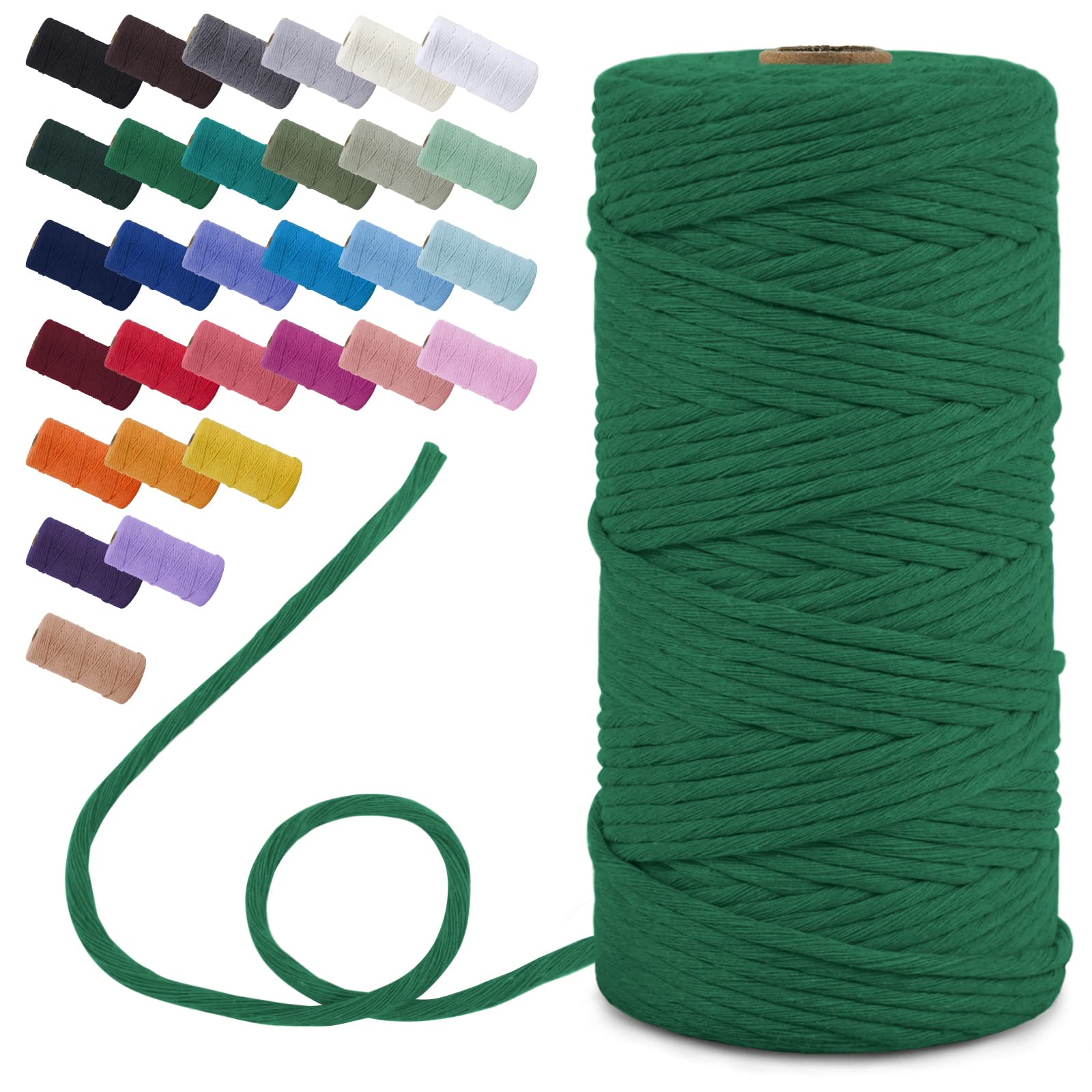Uiopa Green Macrame Cord 3Mm X 100M, Single Strand Macrame Yarn Thick Thread Natural Cotton Cord, Coloured Macrame Craft String For Diy Crafts, Wall Hanging, Plant Hanger, Tassels (Green)
