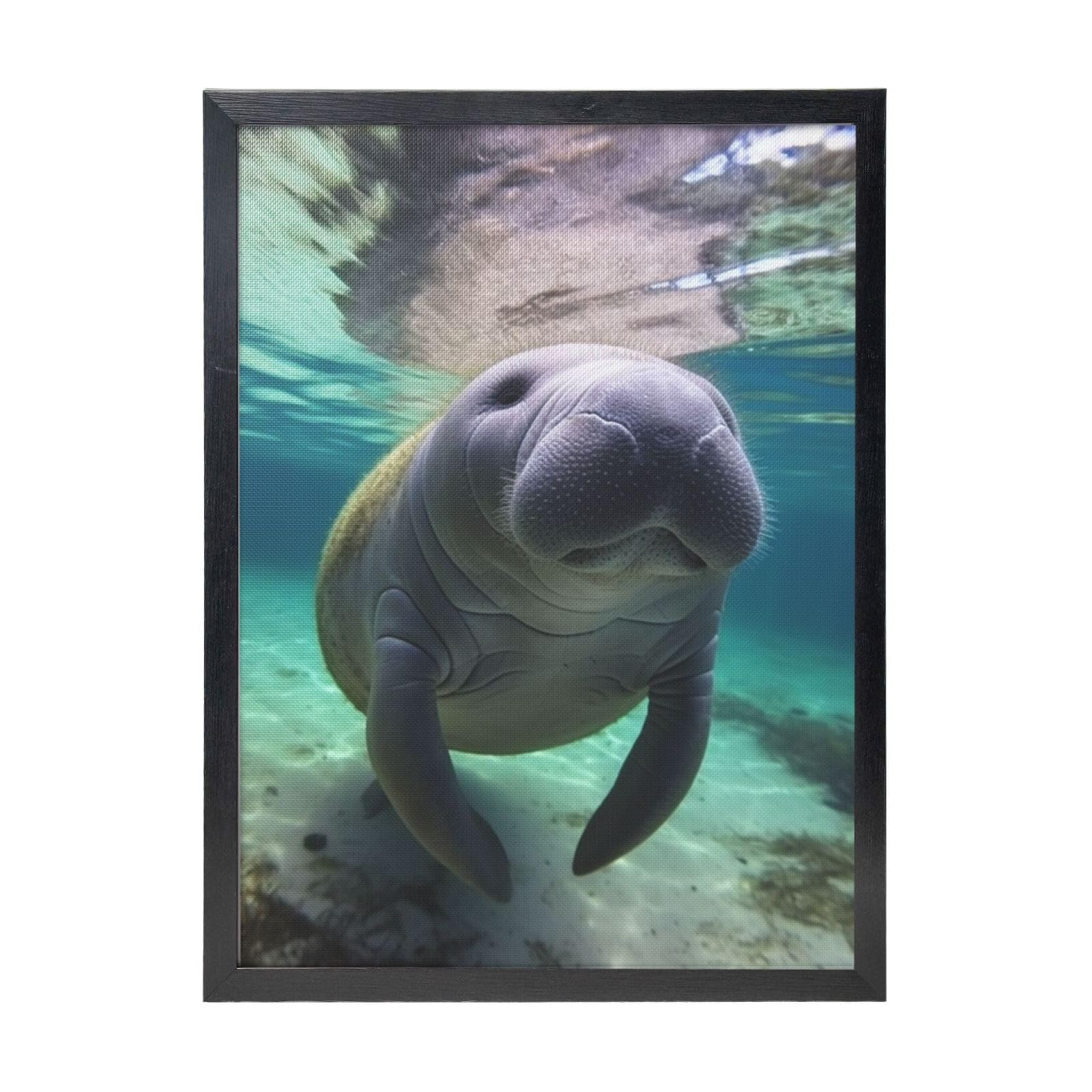 Framed Wall Art - Decorative Canvas Painting Cute Sea Animal Manatee Pictures Poster Aesthetic Modern Prints Artwork for Bedroom Office Wall Decor Ready To Hang 12x16 in