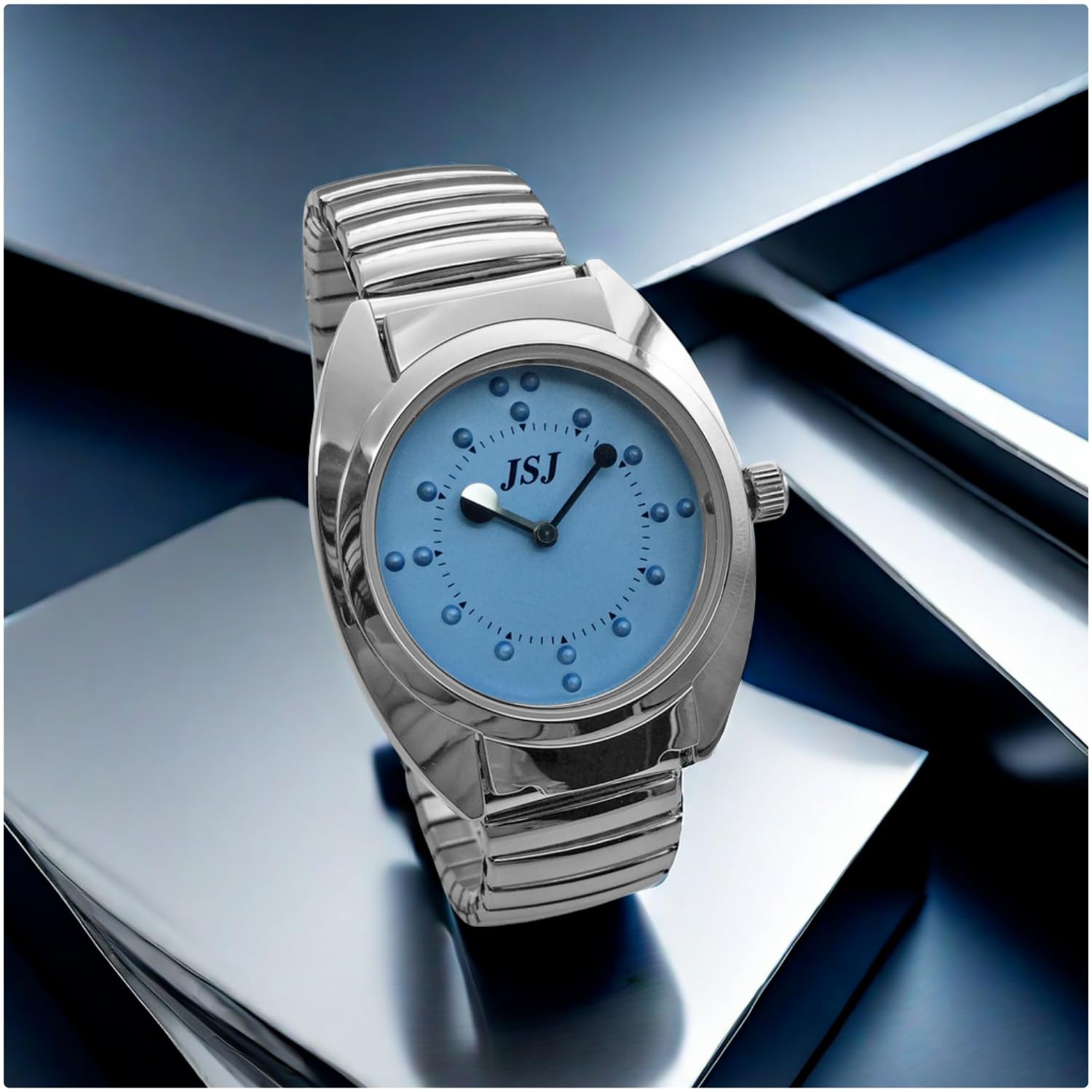 Reloj De Pulsera Braille para Invidentes o Personas Mayores Azul Dial, Banda Expandible Acero
