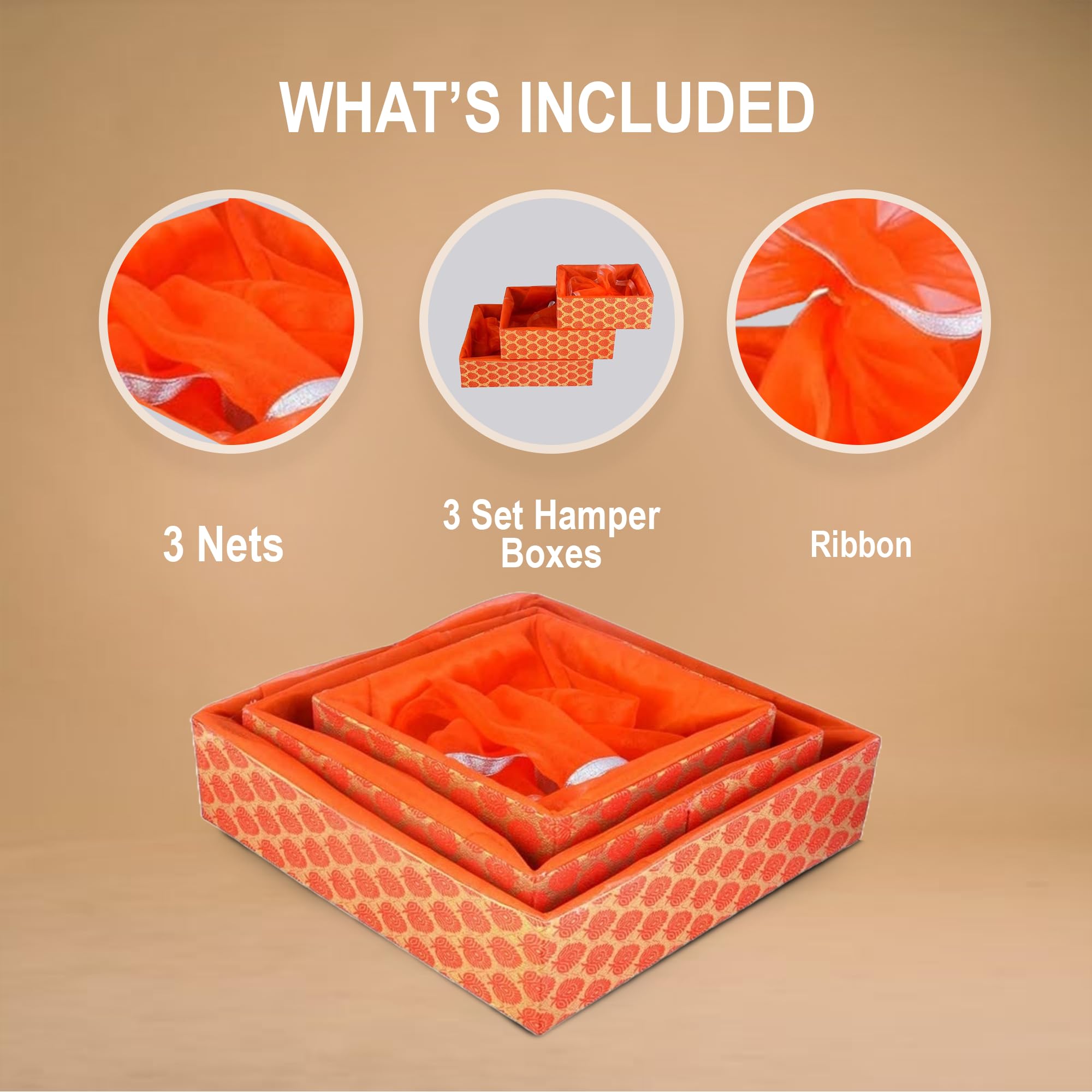 GROWNEX 3 Set Gift Hamper Baskets - Dry Fruits Storage Containers, Wedding Return Gifts, Baby Shower Favors, Trousseau Combo Trays with Net Cover (Floral Orange) 1