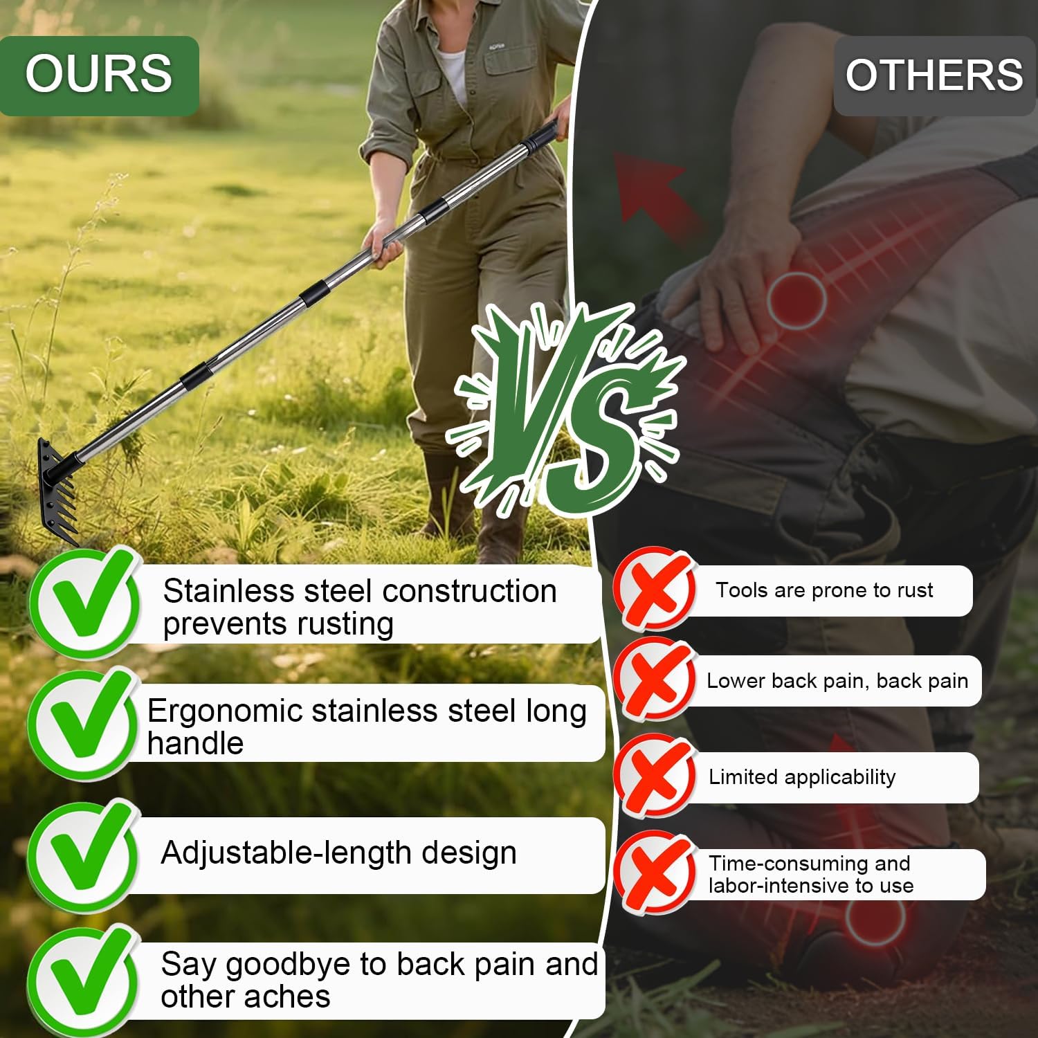 Weed Puller Tool Stainless Steel 8 Tines Manual Weeder Tool with Adjustable Length Handle, Weeder Rakes for for Yard, Patio, Lawn and Garden