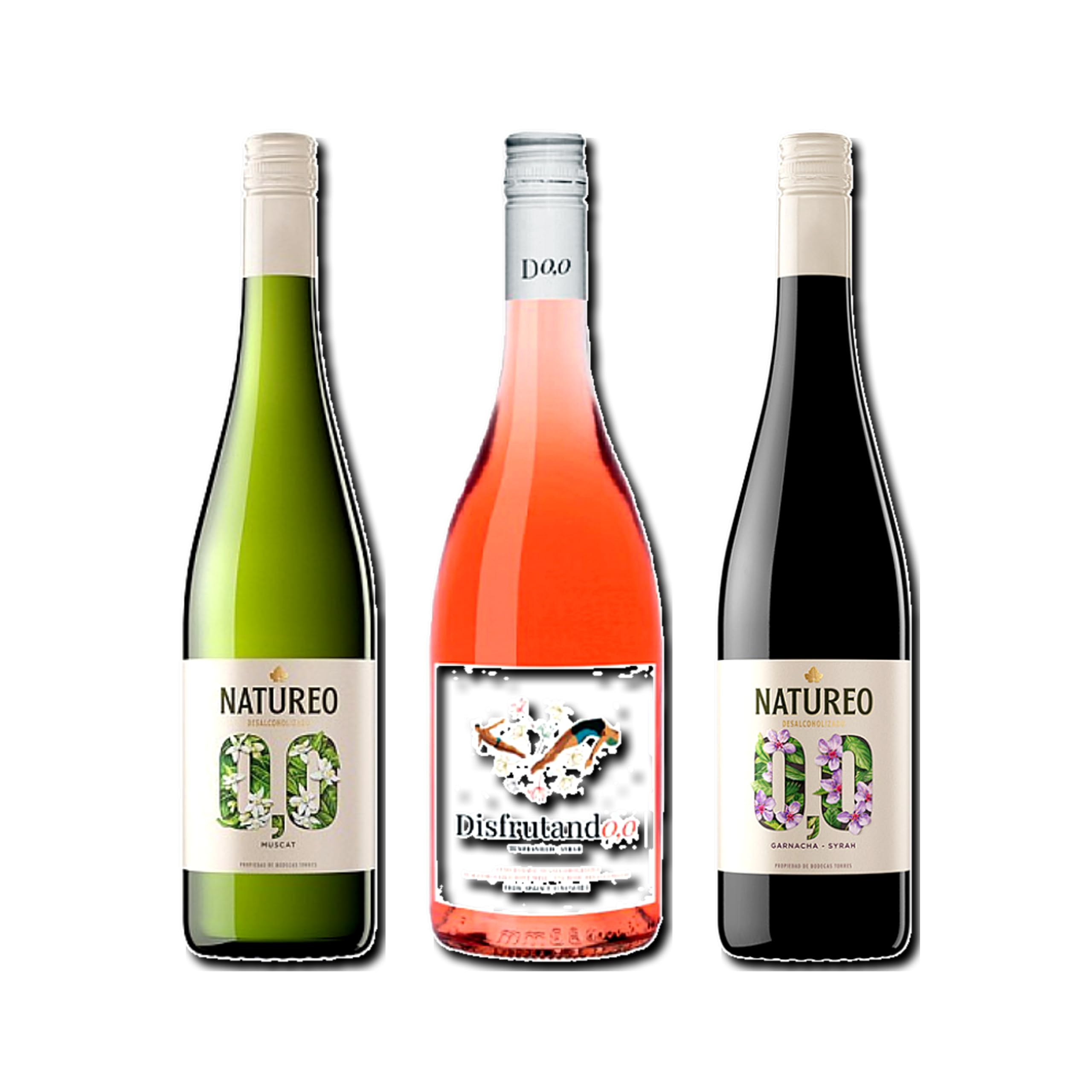vino sin alcohol 0,0 Natureo Blanco Muscat, Disfrutando 0,0 Rosado y Natureo Tinto pack de 3 botellas 75cl