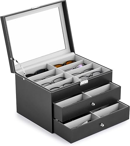 CO-Z Sunglasses Organizer, Leather Eyeglasses Storage Box for Women Men, Lockable Sunglass Display Case Holder with Drawer