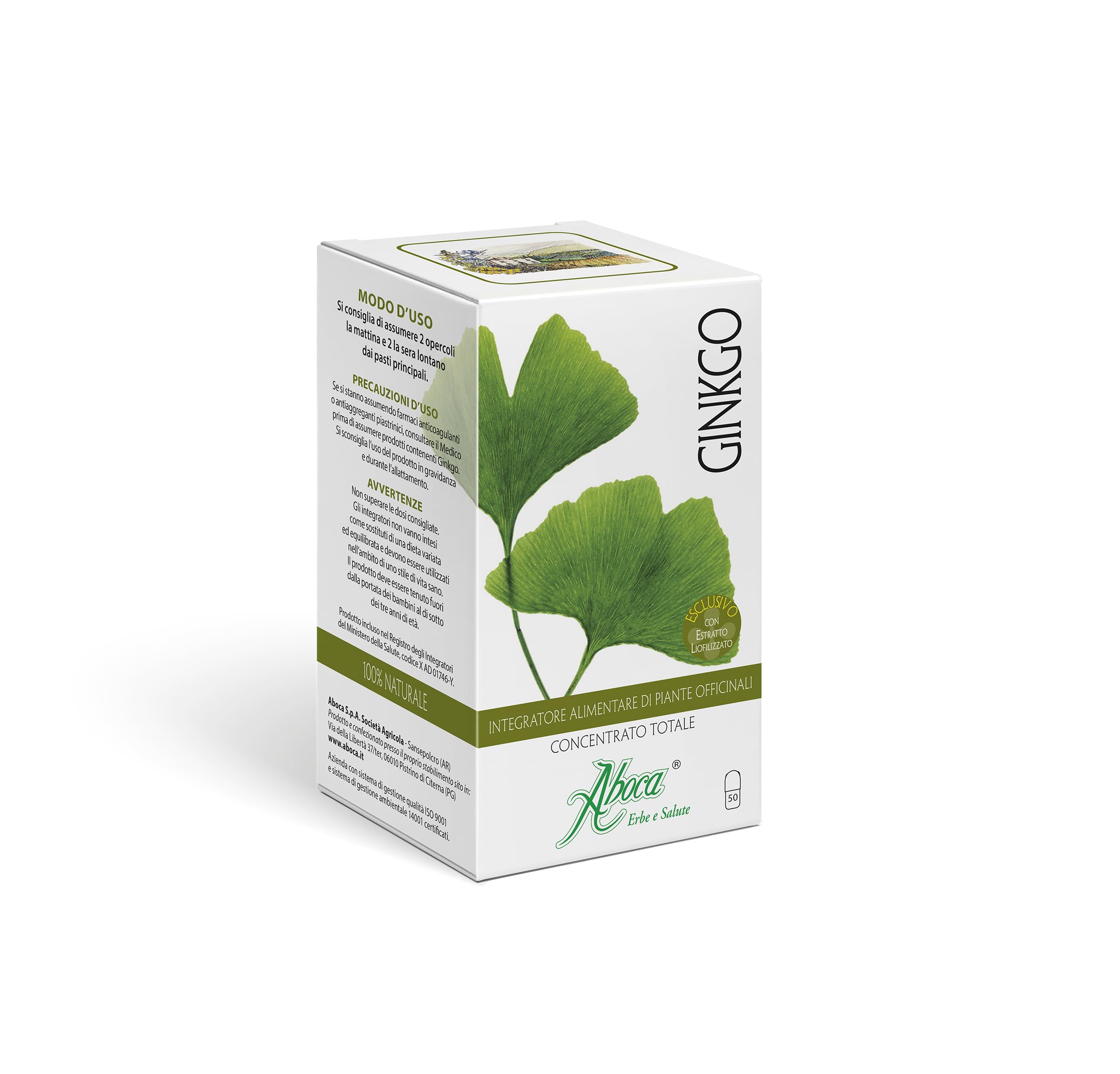 Aboca Ginkgo Concentrato Totale 50 Opercoli - Integratore Alimentare per la Fisiologica Funzionalità del Microcircolo e le Funzioni Cognitive